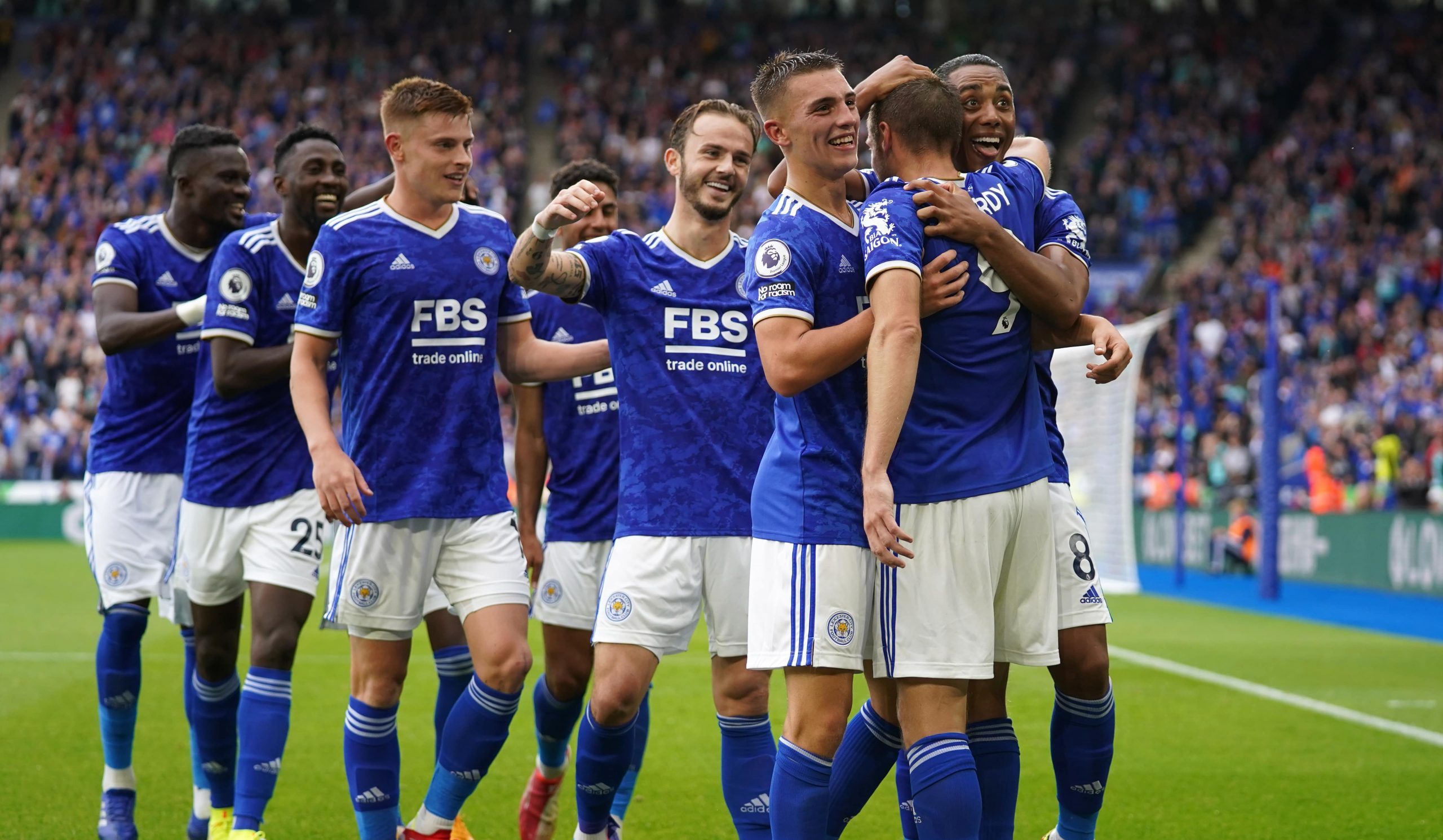 Leicester City's Jamie Vardy celebrates scoring their side's first goal of the game during the Premier League match at the King Power Stadium, Leicester