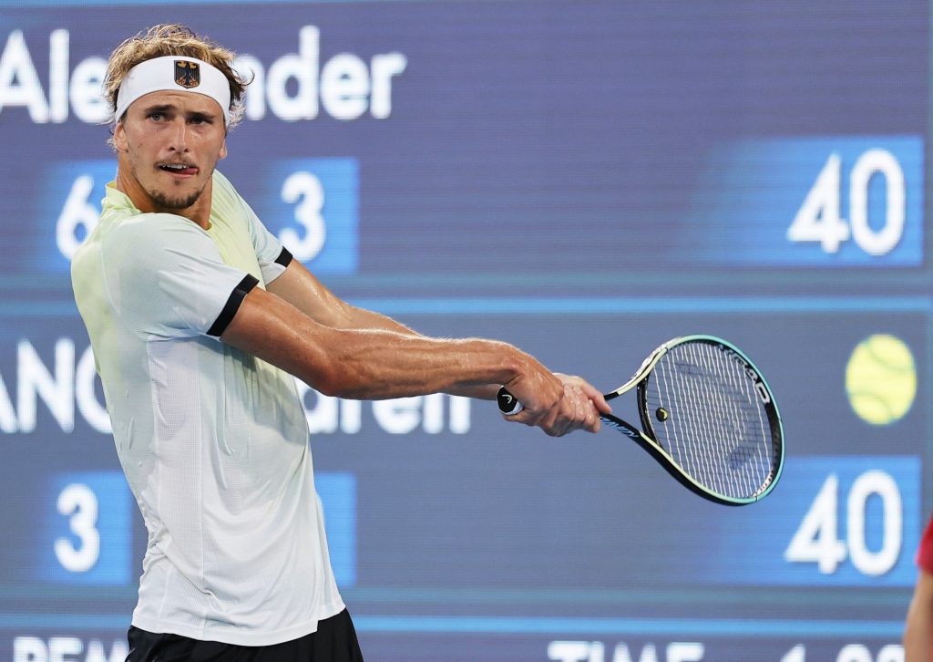 Germany's Alexander Zverev en route to winning a men's singles gold medal match against Karen Khachanov of the Russian Olympic Committee at the Tokyo Olympics on Aug. 1, 2021, at Ariake Tennis Park in Tokyo.