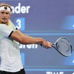 Germany's Alexander Zverev en route to winning a men's singles gold medal match against Karen Khachanov of the Russian Olympic Committee at the Tokyo Olympics on Aug. 1, 2021, at Ariake Tennis Park in Tokyo.