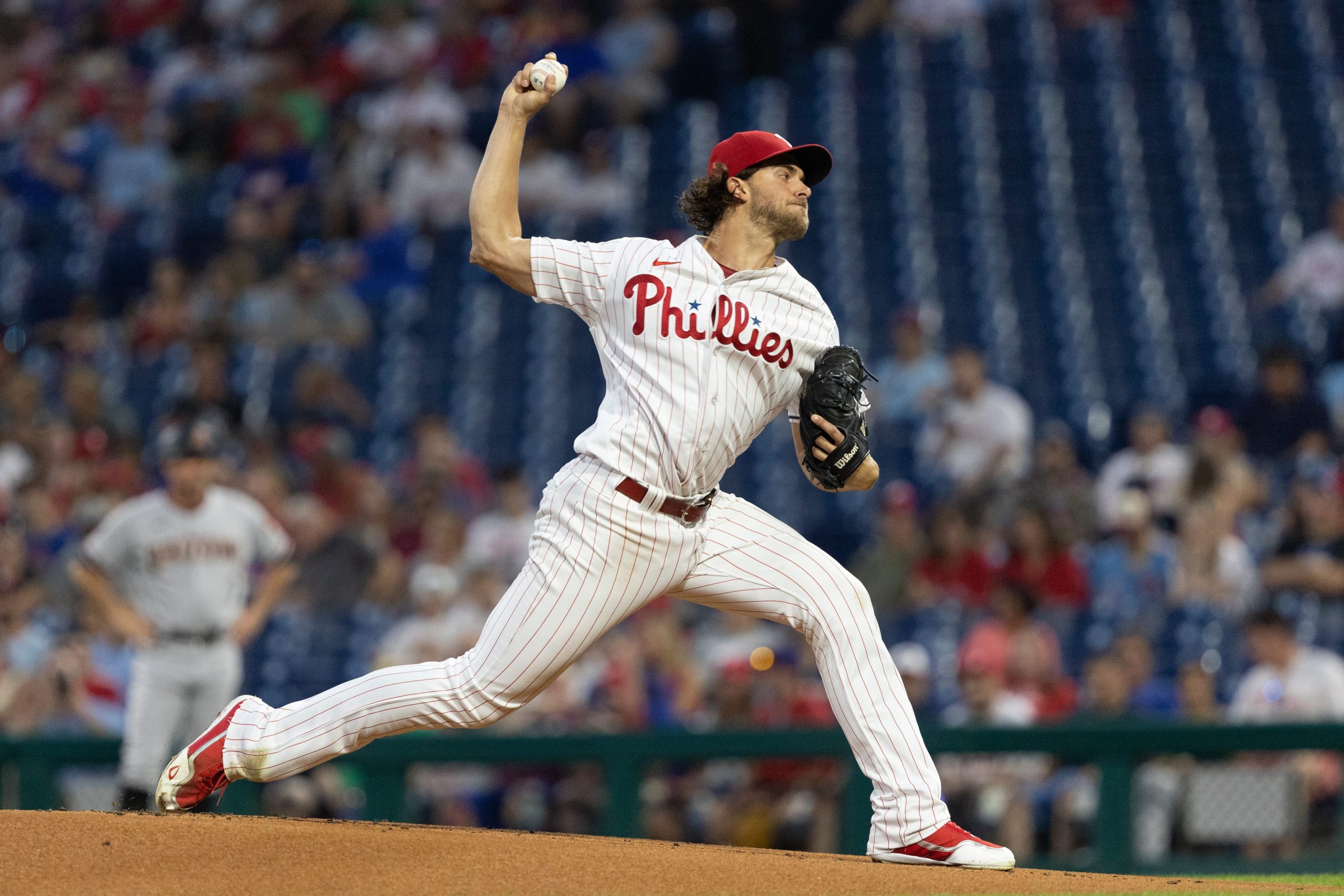 Philadelphia Phillies starting pitcher Aaron Nola (27) throws a pitch against the Arizona Diamondbacks during the first inning at Citizens Bank Park.