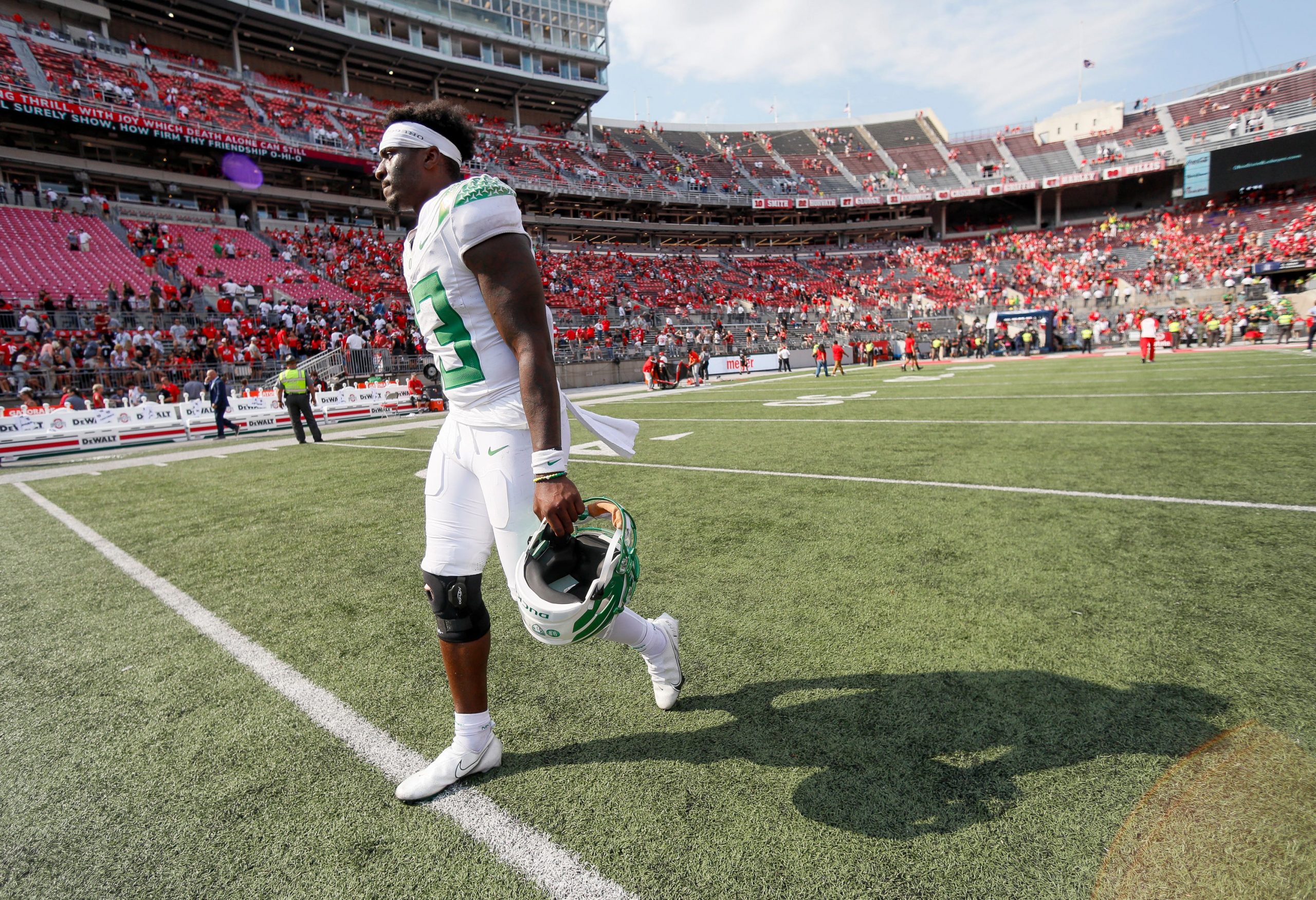 Oregon Ducks quarterback Anthony Brown (13) walks off the field following the 35-28 win over the Ohio State Buckeyes in the NCAA football game at Ohio Stadium in Columbus on Saturday, Sept. 11, 2021