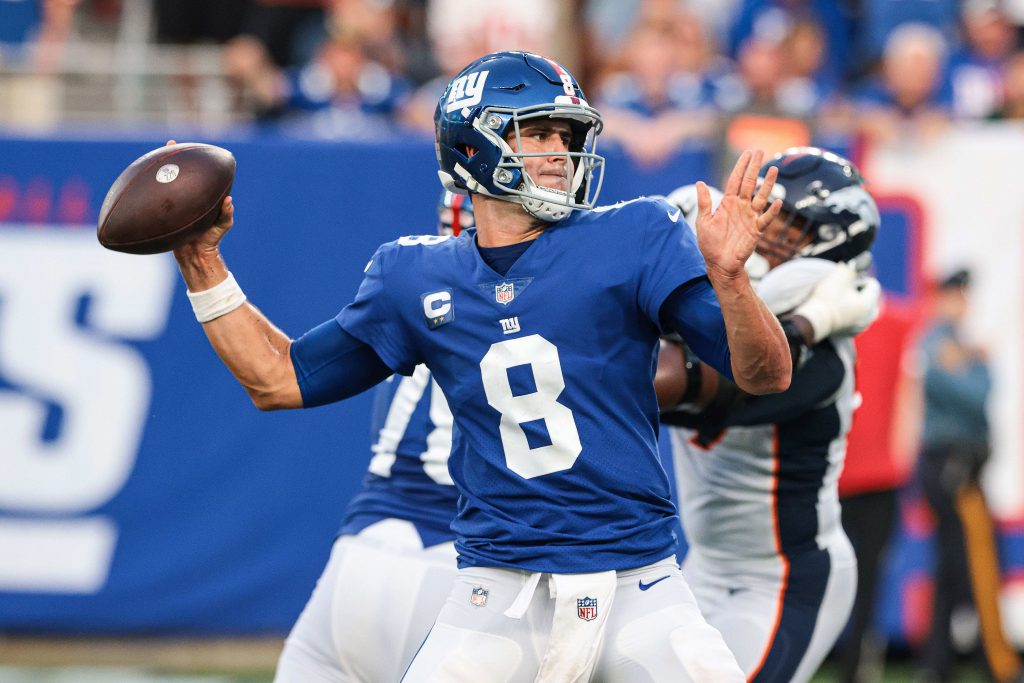 New York Giants quarterback Daniel Jones (8) throws the ball during the second half against the Denver Broncos at MetLife Stadium. parlay