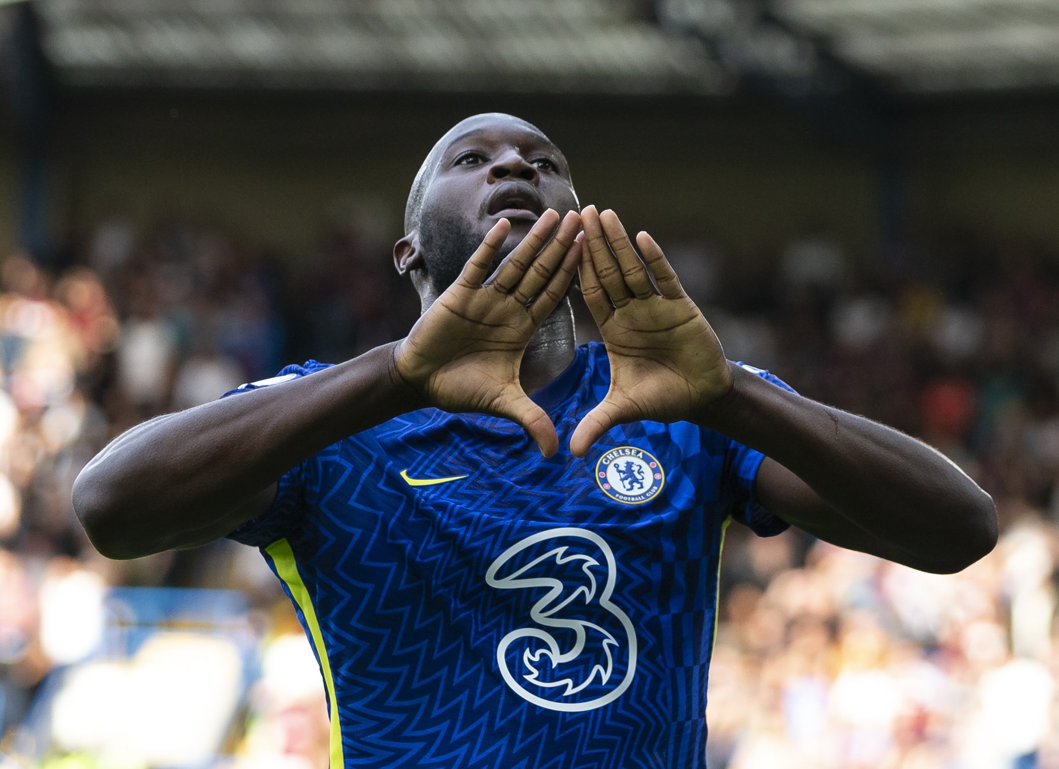 Chelsea's Romelu Lukaku celebrates after scoring during the Premier League match between Chelsea and Aston Villa in London, Britain, on Sept. 11, 2021.