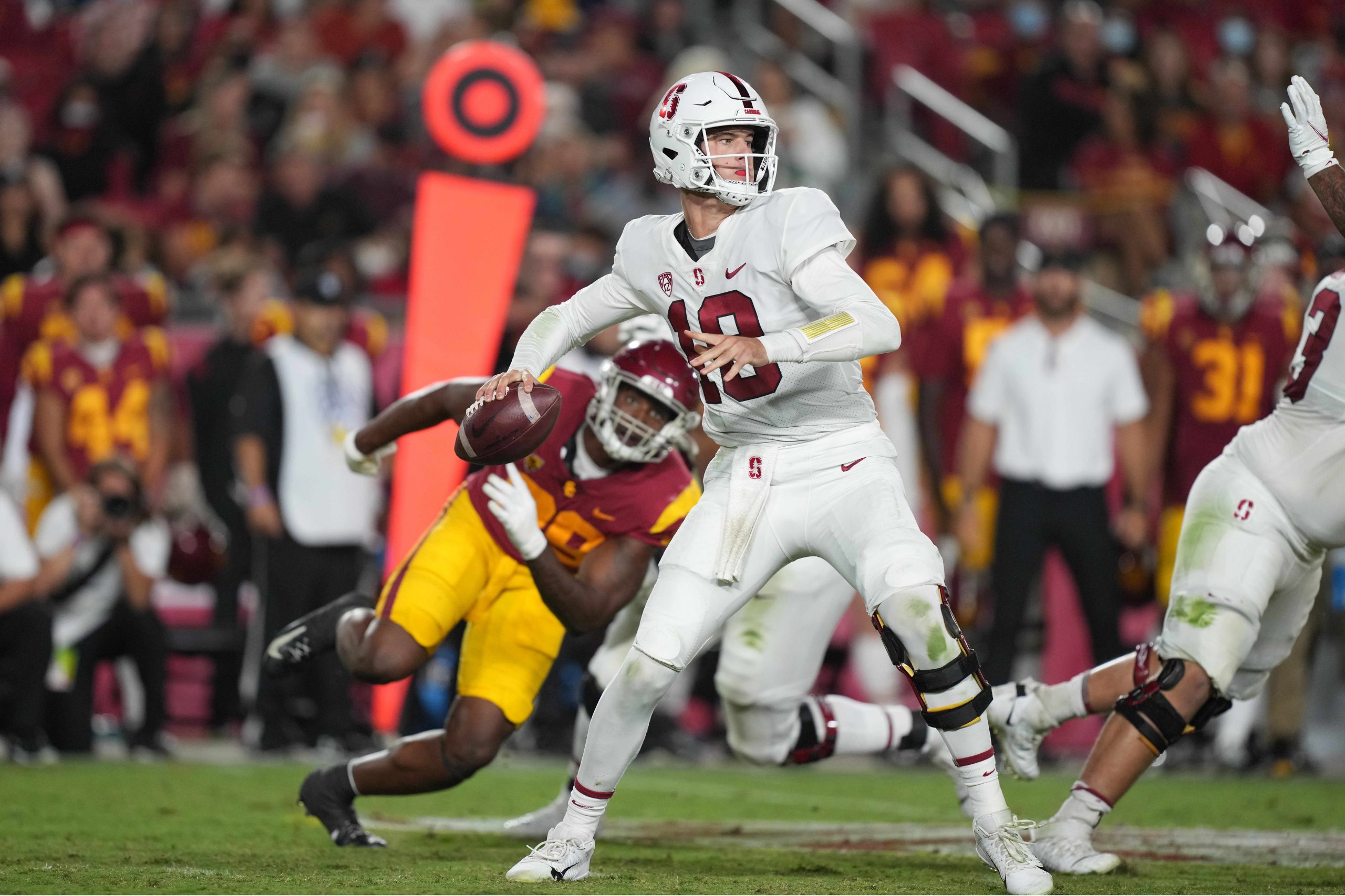Stanford Cardinal quarterback Tanner McKee (18) throws the ball against the Southern California Trojans in the third quarter at United Airlines Field at Los Angeles Memorial Coliseum