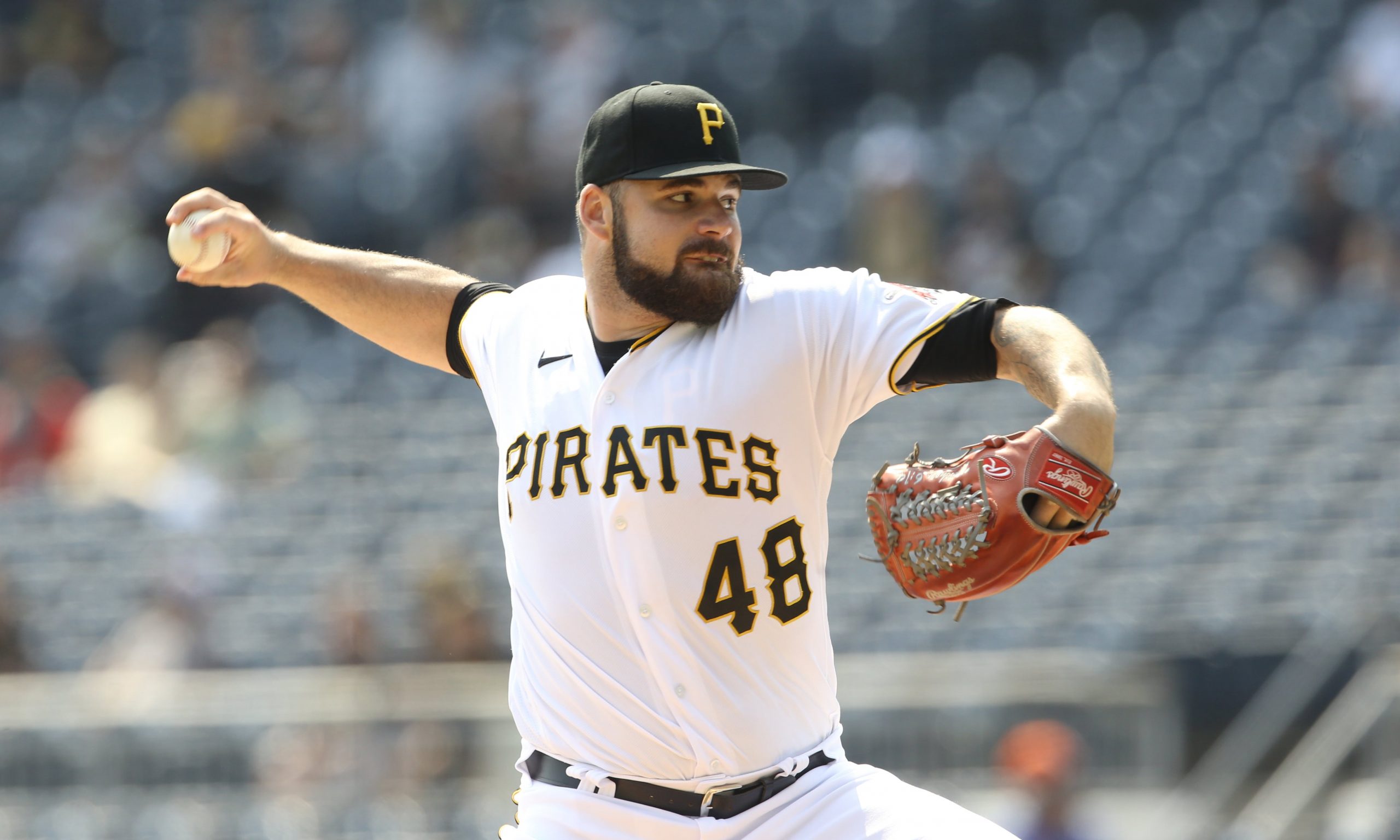 Pittsburgh Pirates starting pitcher Bryse Wilson (48) delivers a pitch against the Washington Nationals during the first inning at PNC Park. Mandatory Credit: Charles LeClaire-USA TODAY Sports