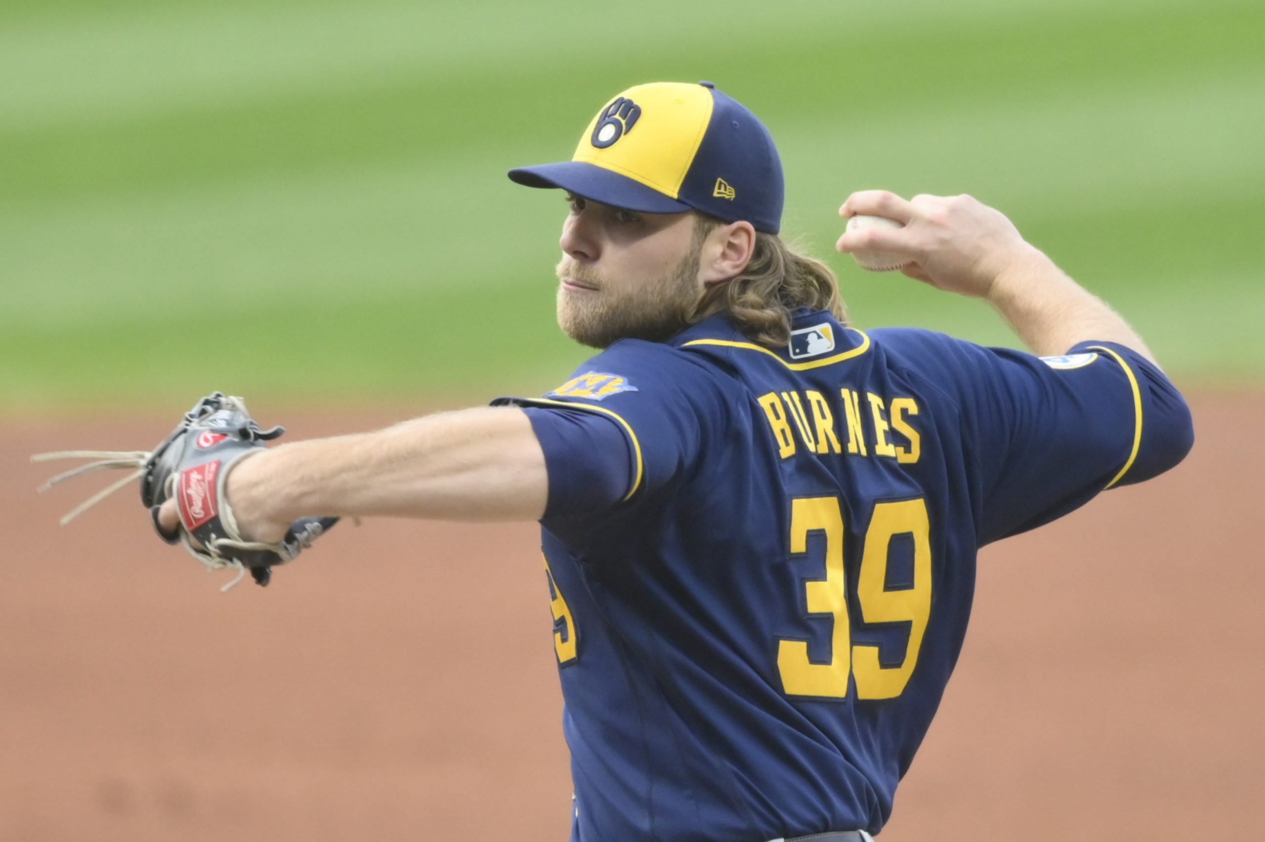 Milwaukee Brewers starting pitcher Corbin Burnes (39) delivers a pitch in the first inning against the Cleveland Indians at Progressive Field. Mandatory Credit: David Richard-USA TODAY Sports