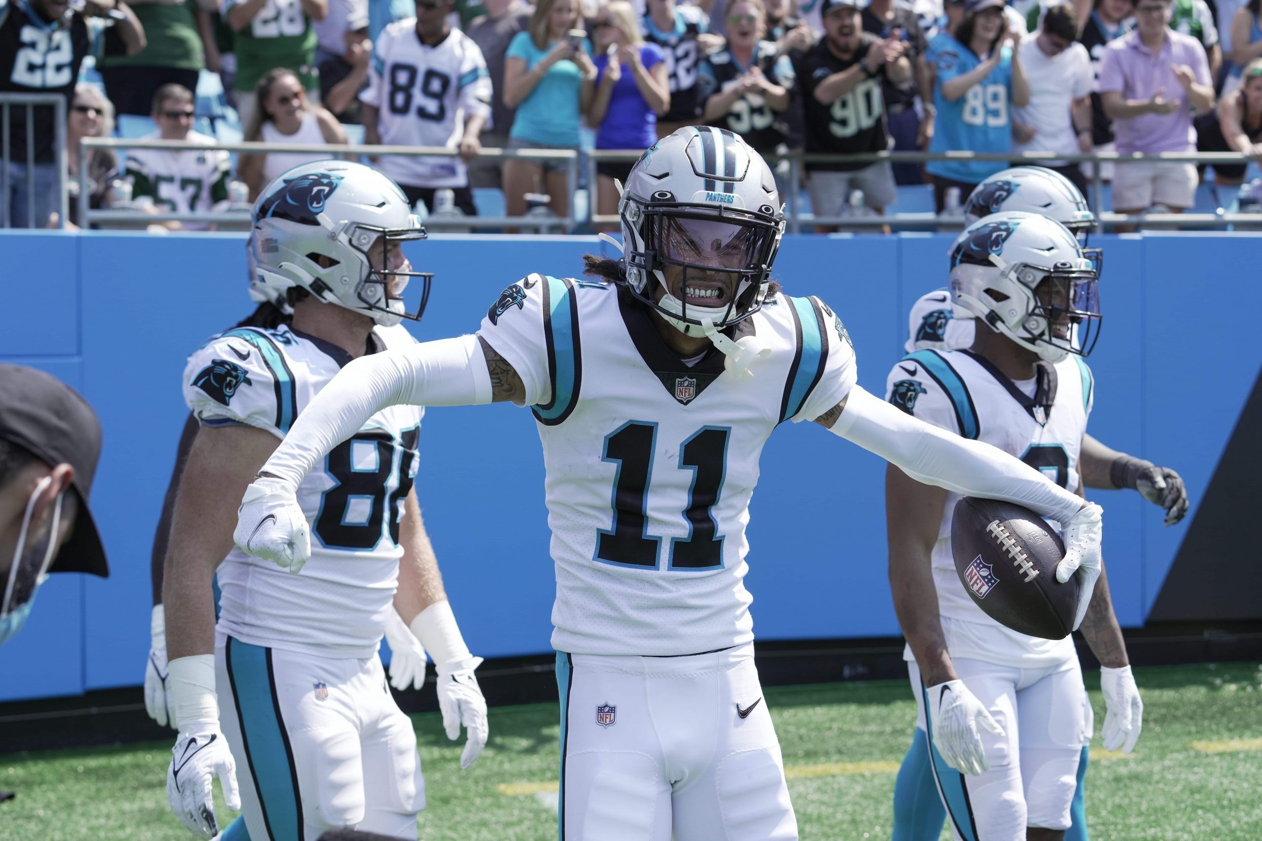 Carolina Panthers wide receiver Robby Anderson (11) celebrates his touchdown reception from quarterback Sam Darnold (not pictured) against the New York Jets during the second quarter