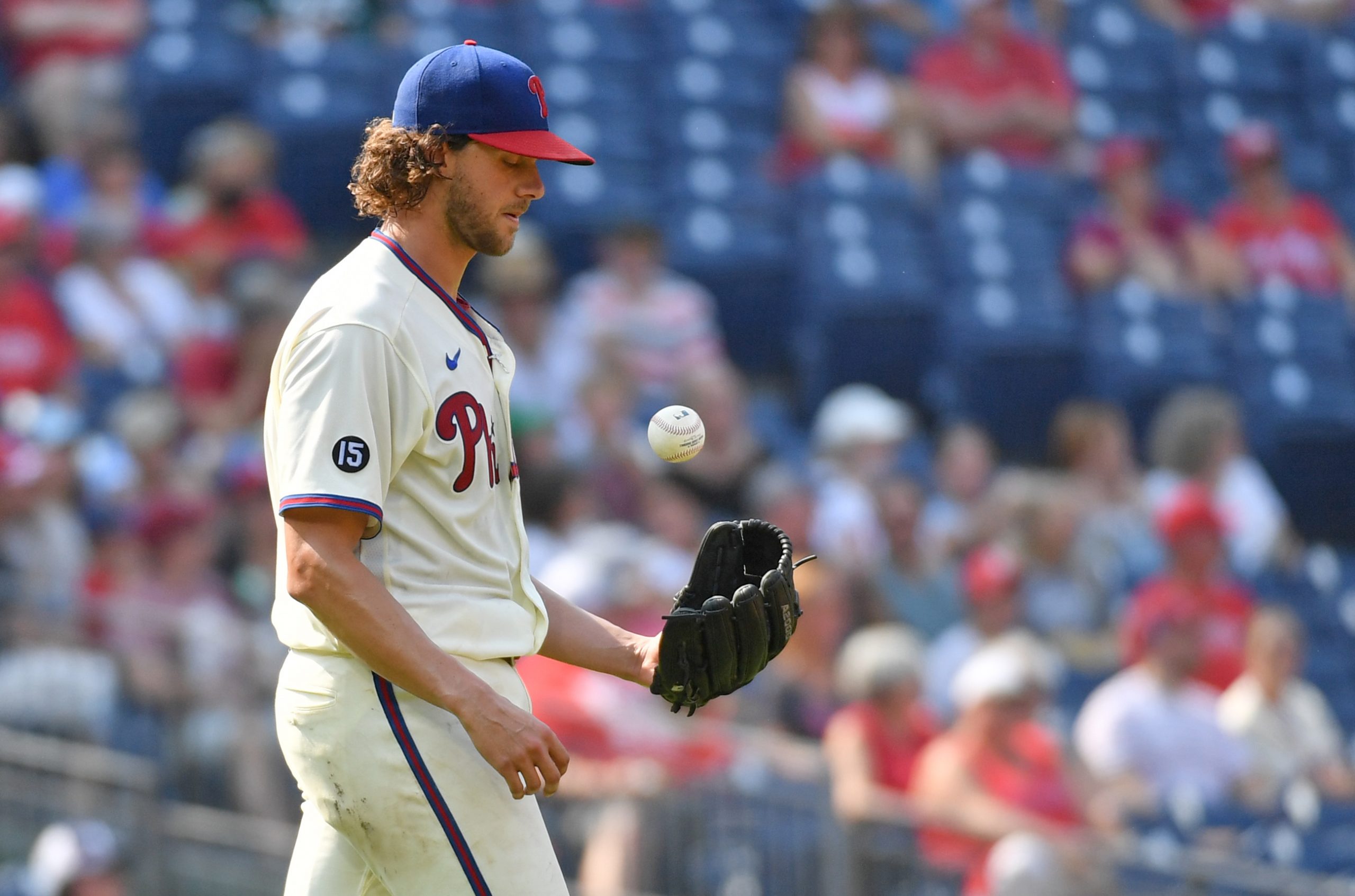 Sep 12, 2021; Philadelphia, Pennsylvania, USA; Philadelphia Phillies starting pitcher Aaron Nola (27) reacts after allowing a three run home run against the Colorado Rockies during the fifth inning at Citizens Bank Park.