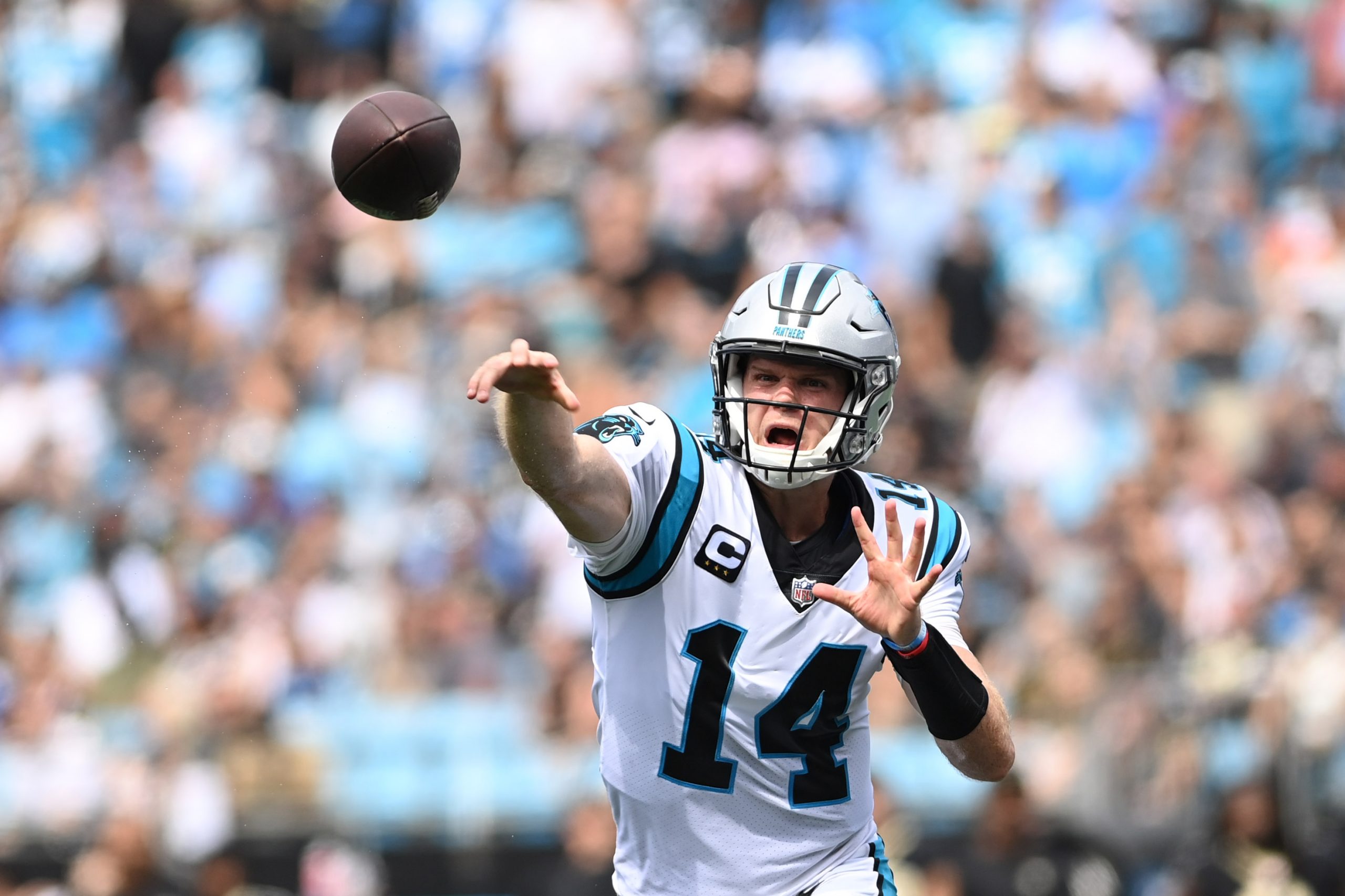 Sep 19, 2021; Charlotte, North Carolina, USA; Carolina Panthers quarterback Sam Darnold (14) throws a touchdown pass to wide receiver D.J. Moore (2) (not pictured) in the second quarter at Bank of America Stadium.