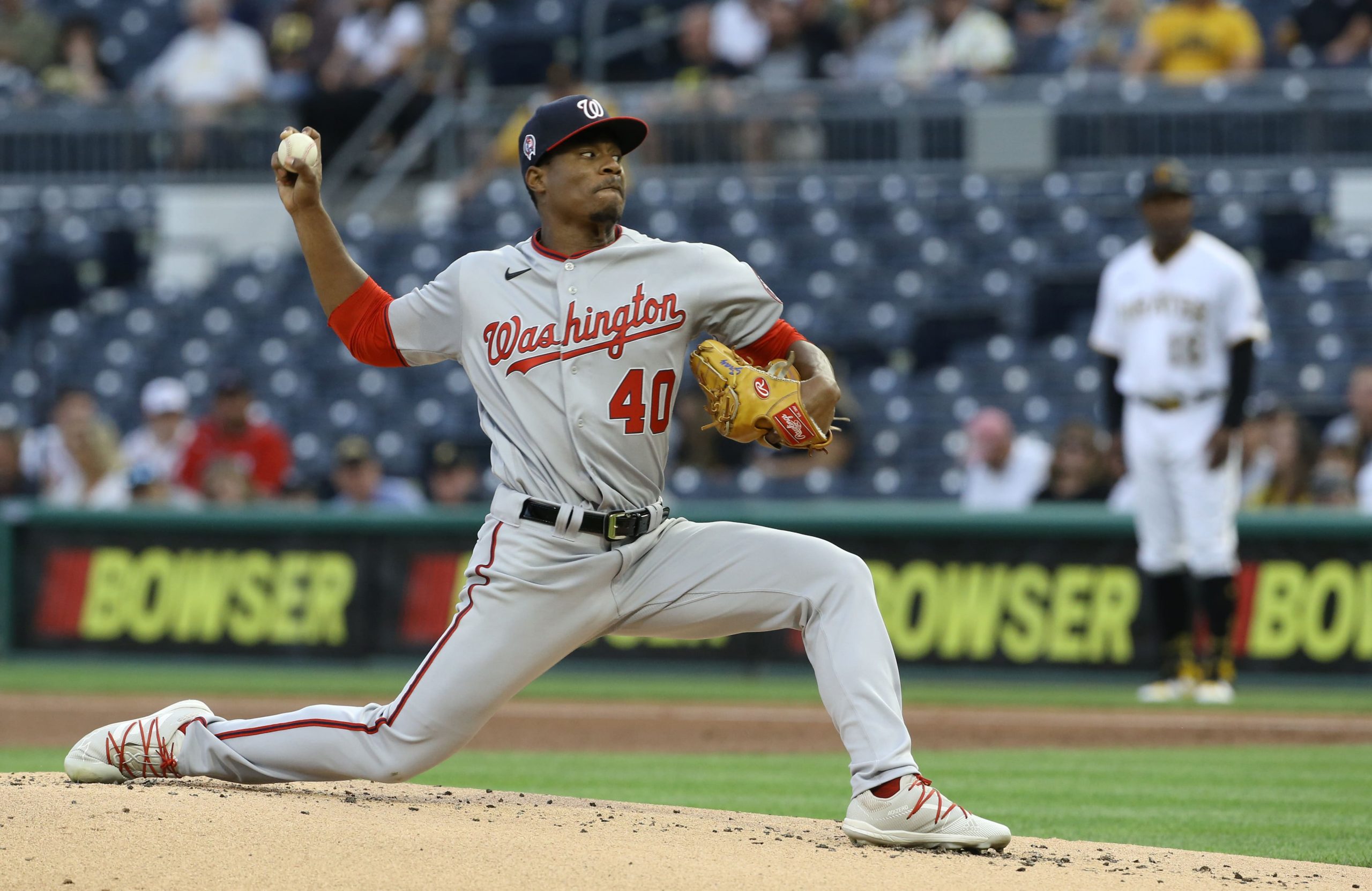 Washington Nationals starting pitcher Josiah Gray (40) delivers a pitch against the Pittsburgh Pirates during the first inning at PNC Park. Mandatory Credit: Charles LeClaire-USA TODAY Sports