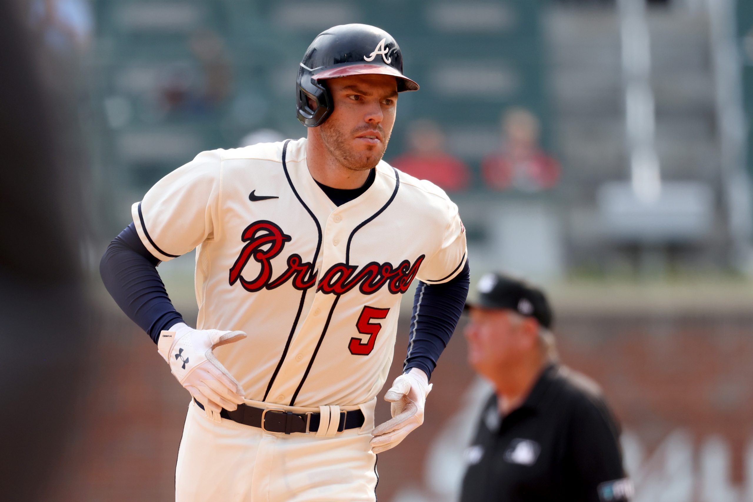 Sep 12, 2021; Atlanta, Georgia, USA; Atlanta Braves first baseman Freddie Freeman (5) rounds the bases after hitting a solo home run during the seventh inning against the Miami Marlins at Truist Park.