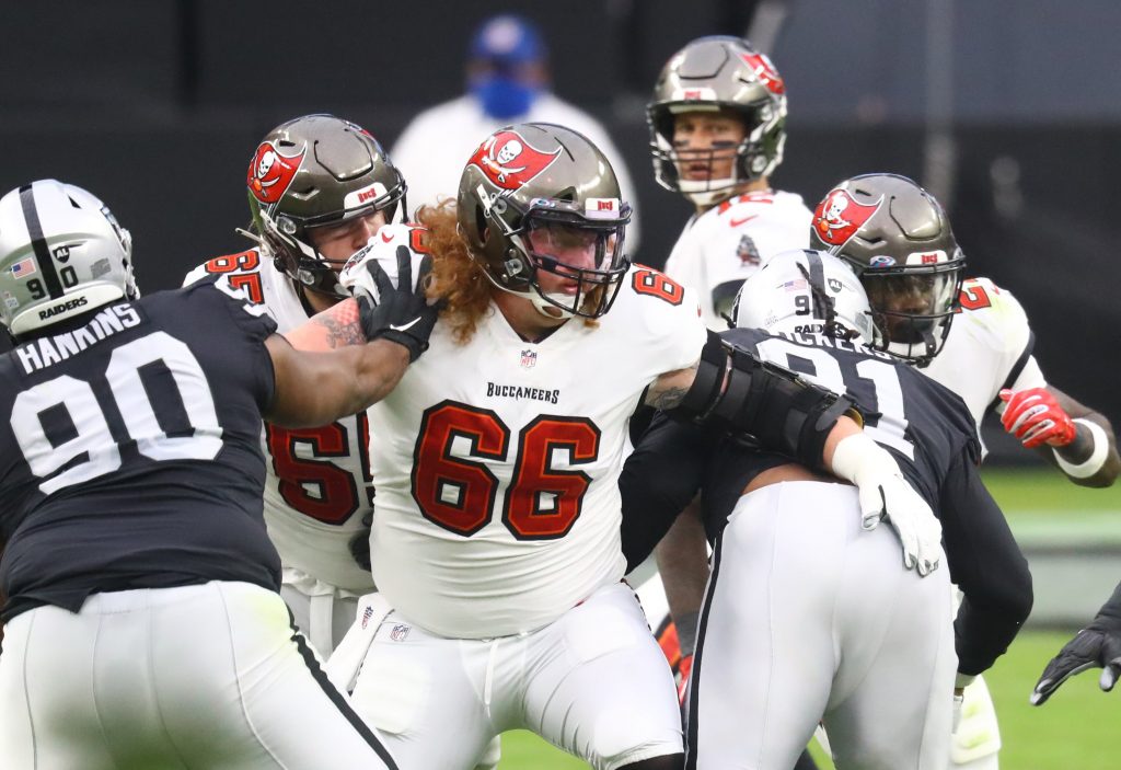 Tampa Bay Buccaneers center Ryan Jensen (66) against the Las Vegas Raiders at Allegiant Stadium.