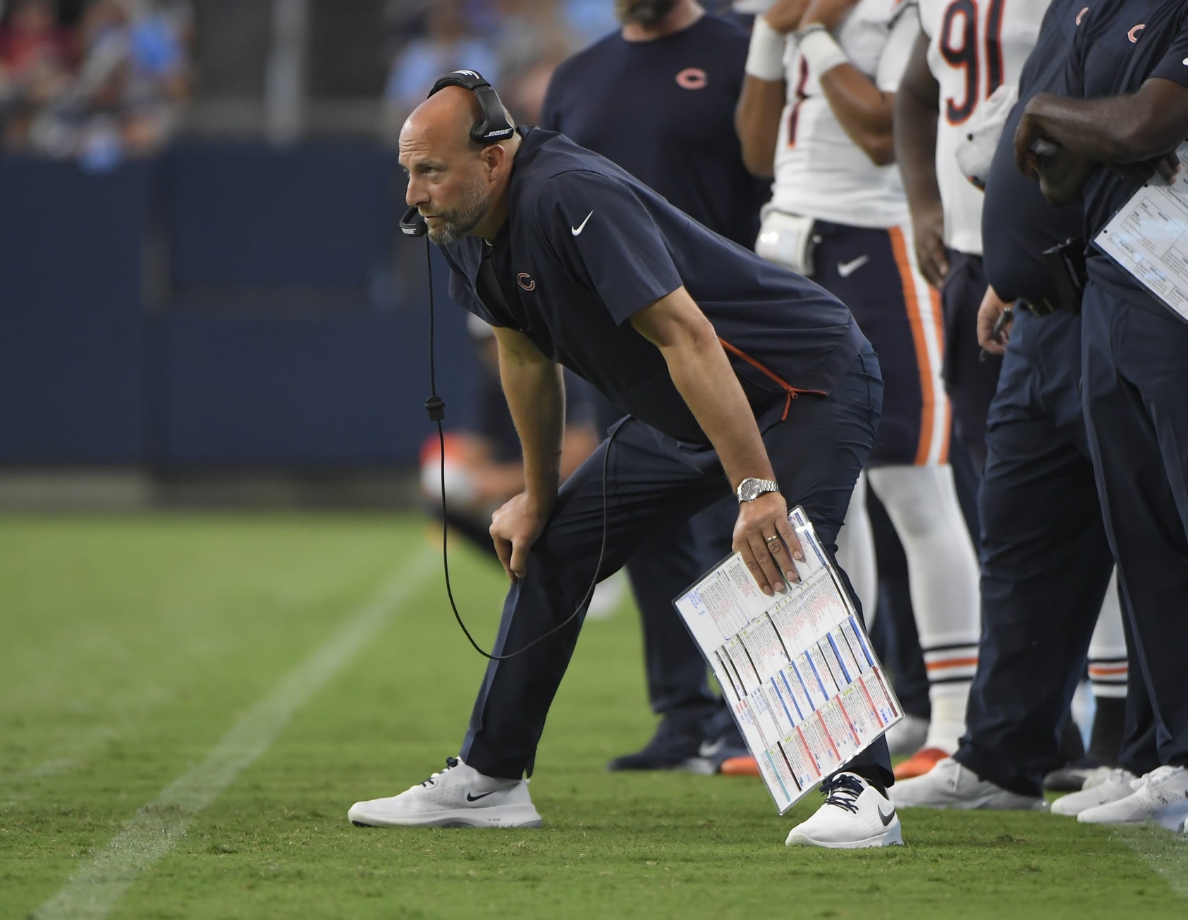 Chicago Bears head coach Matt Nagy watches against the Tennessee Titans during the first half at Nissan Stadium.
