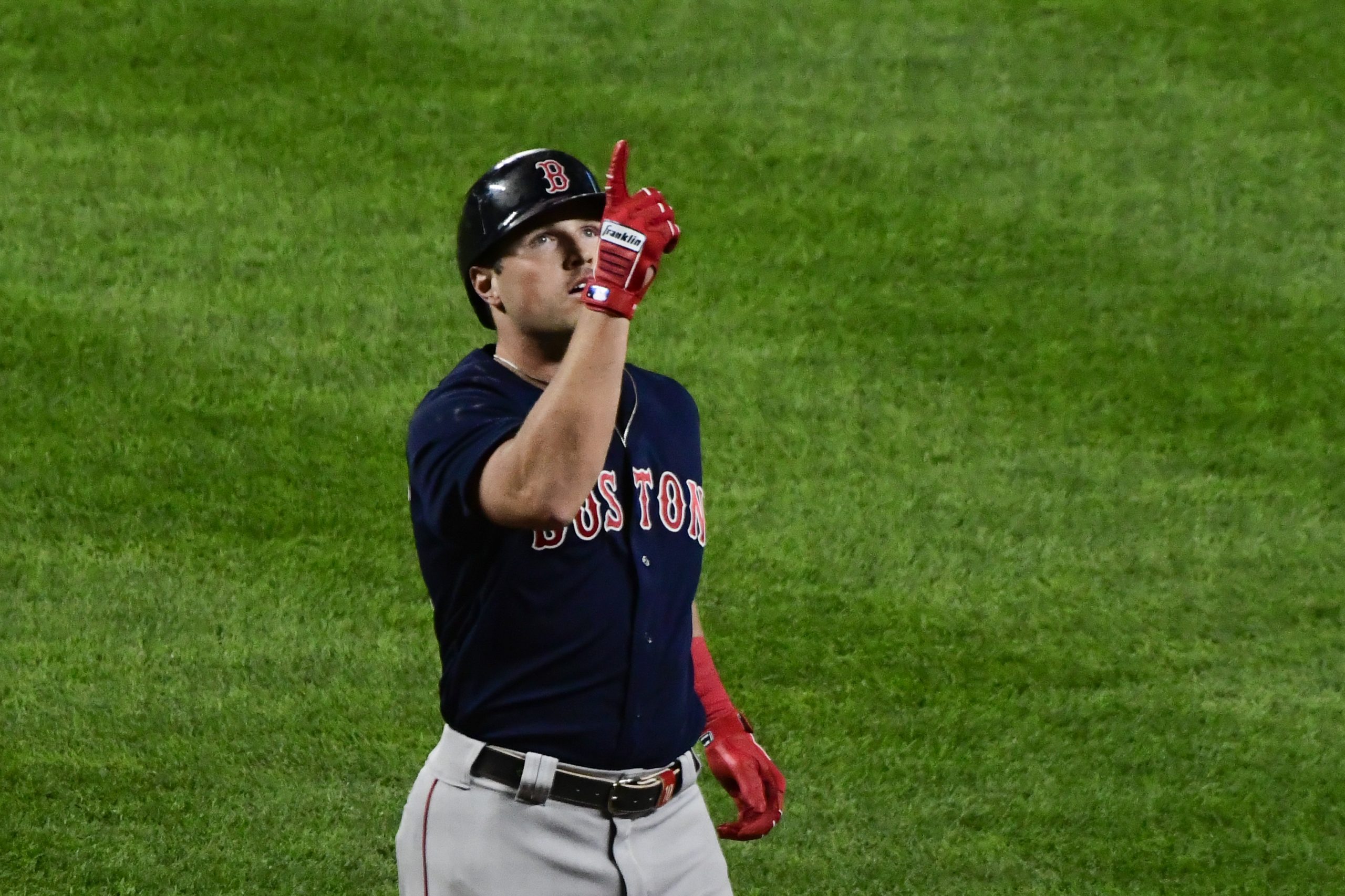 Sep 29, 2021; Baltimore, Maryland, USA; Boston Red Sox right fielder Hunter Renfroe (10) reacts after hitting a solo home run against the Baltimore Orioles in the ninth inning at Oriole Park at Camden Yards.