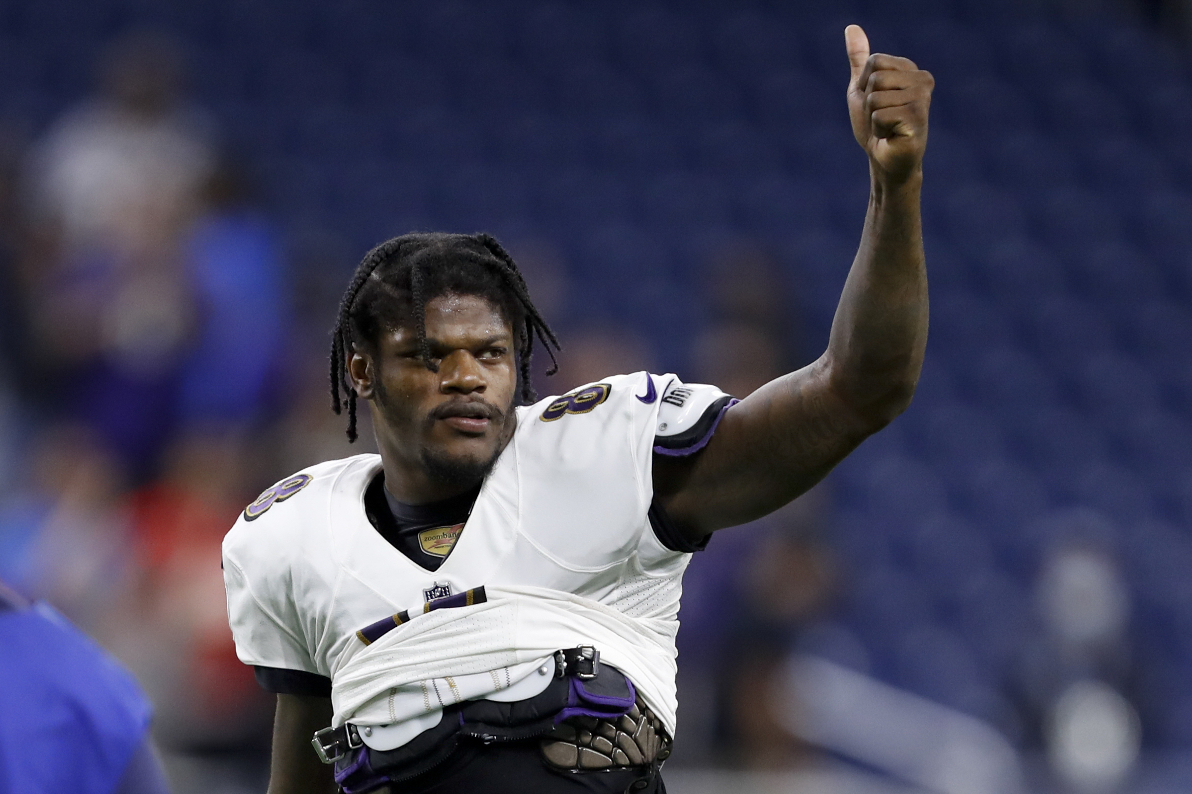 Sep 26, 2021; Detroit, Michigan, USA; Baltimore Ravens quarterback Lamar Jackson (8) gives a thumbs up to fans after the game against the Detroit Lions at Ford Field. Mandatory Credit: Raj Mehta-USA TODAY Sports