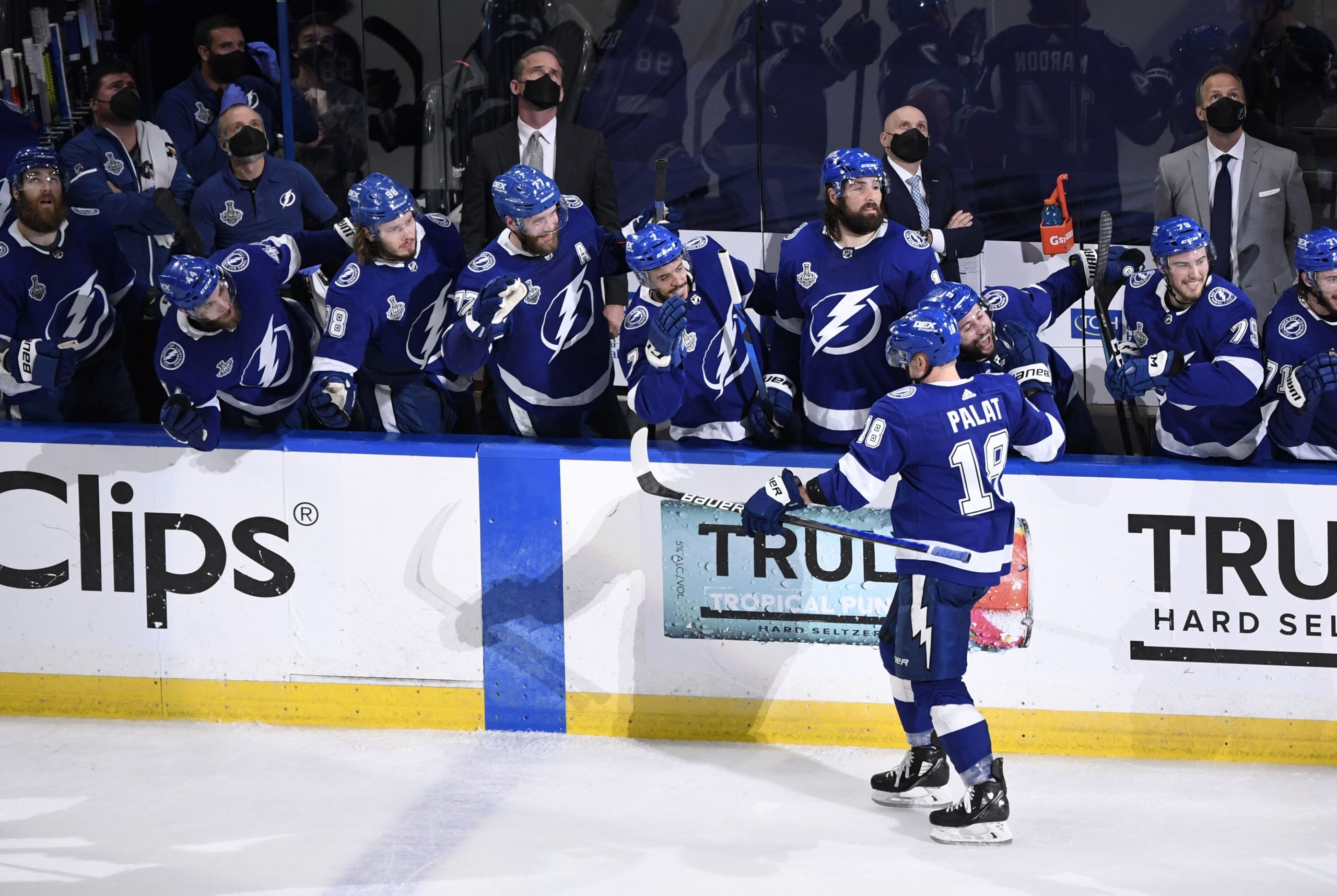 Tampa Bay Lightning left wing Ondrej Palat (18) celebrates a goal with his teammates against the Montreal Canadiens during the third period in game two of the 2021 Stanley Cup Final at Amalie Arena. Mandatory Credit: Douglas DeFelice-USA TODAY Sports