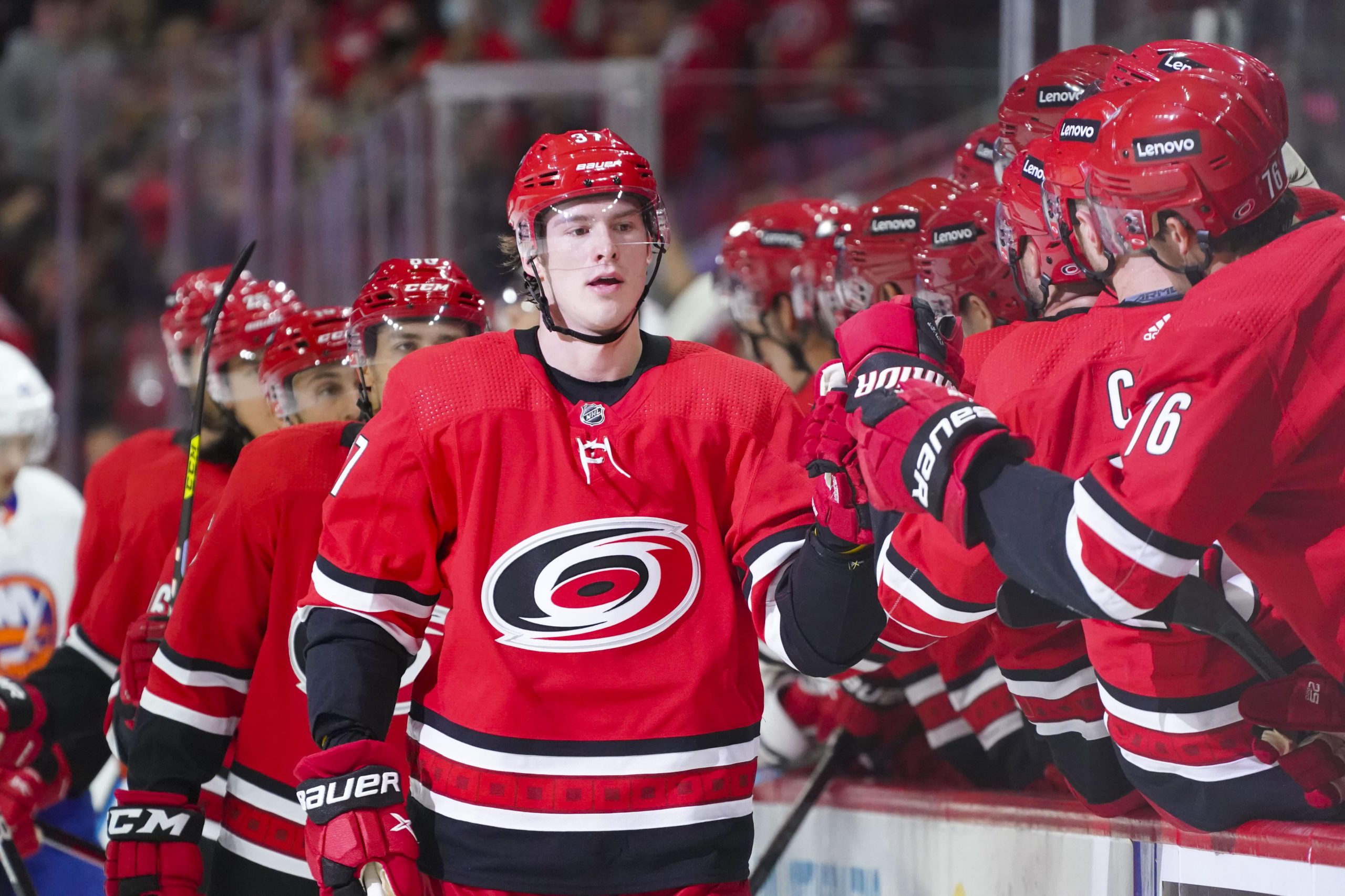 Carolina Hurricanes right wing Andrei Svechnikov (37) celebrates his first period goal against the New York Islanders at PNC Arena. Mandatory Credit: James Guillory-USA TODAY Sports