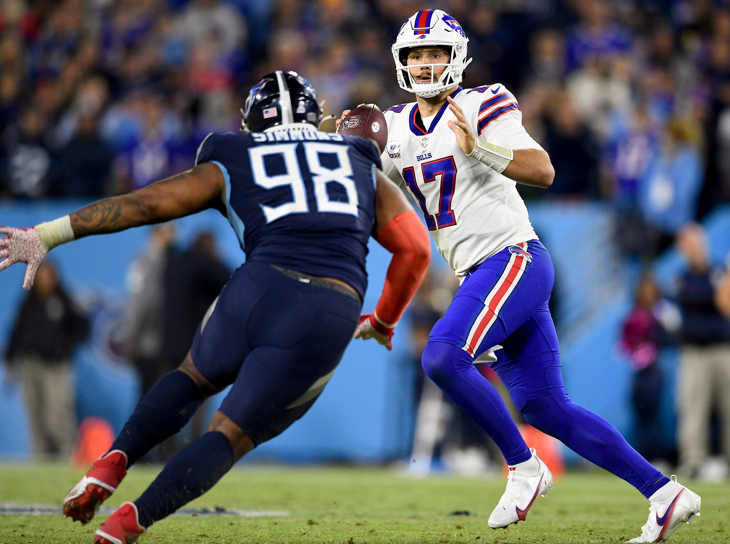 Buffalo Bills quarterback Josh Allen throws a pass on Monday Night Football against the Titans