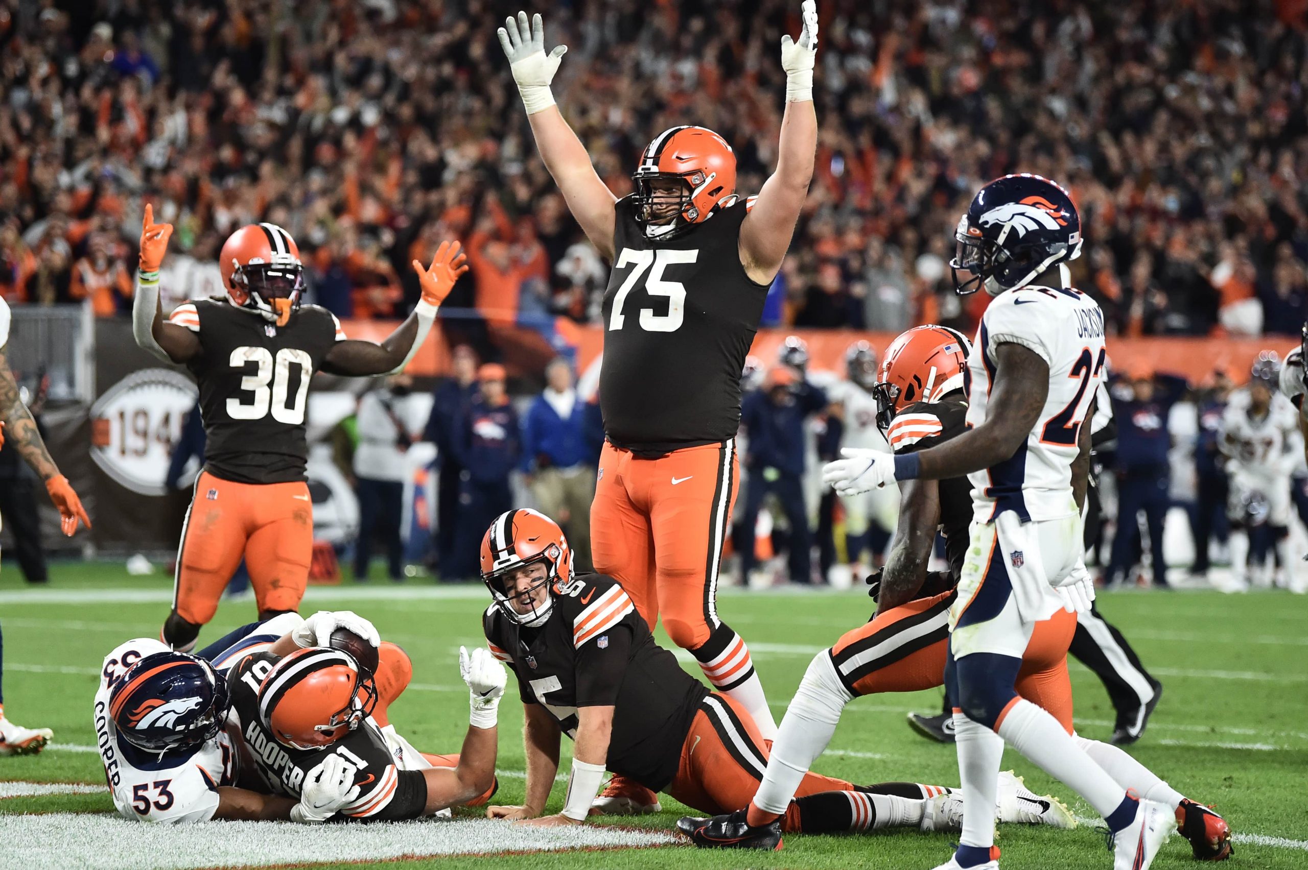 The Cleveland Browns after D'Ernest Johnson scores a touchdown