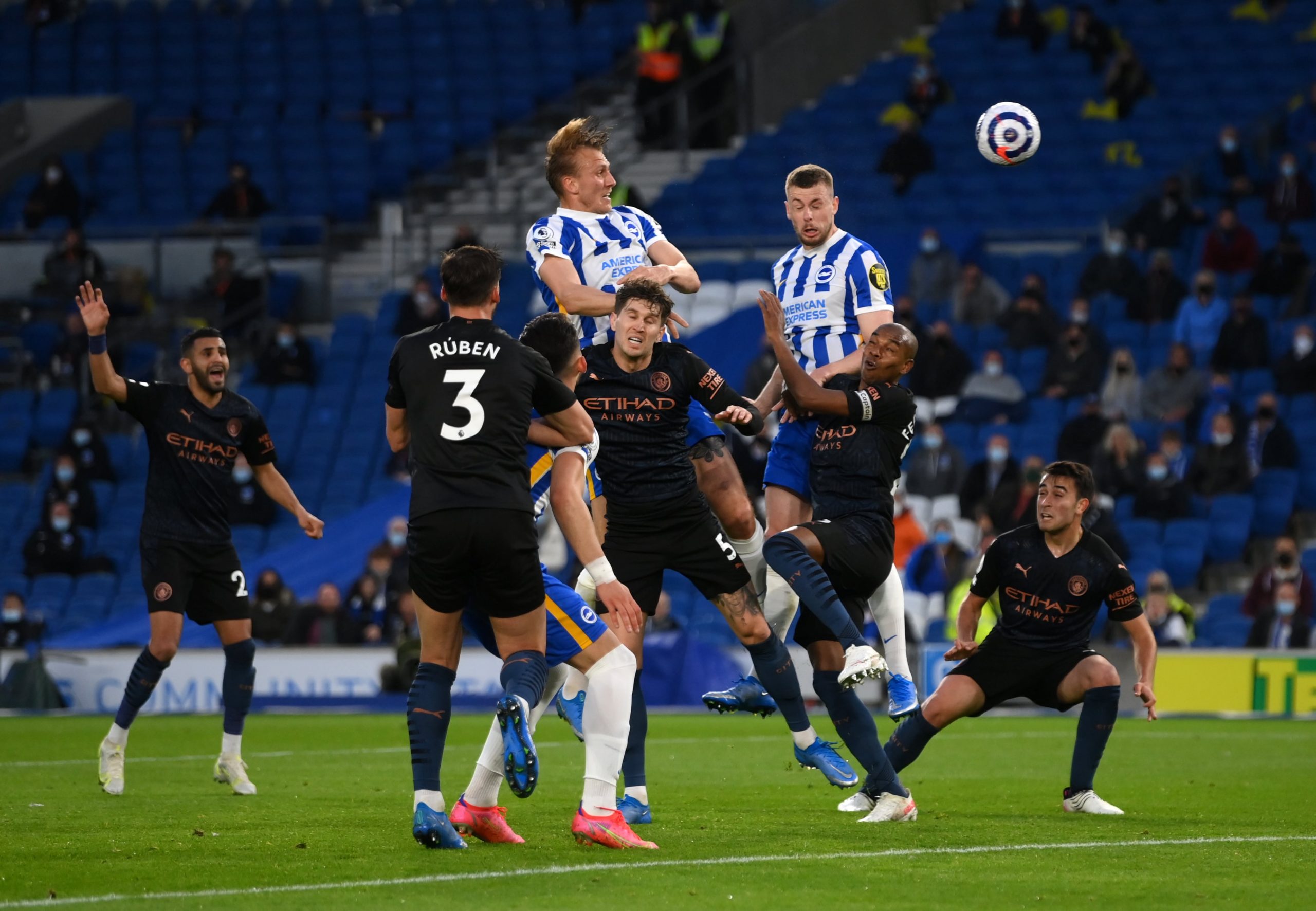 Brighton and Hove Albion's Adam Webster scores their side's second goal of the game during the Premier League match at the AMEX Stadium, Brighton.