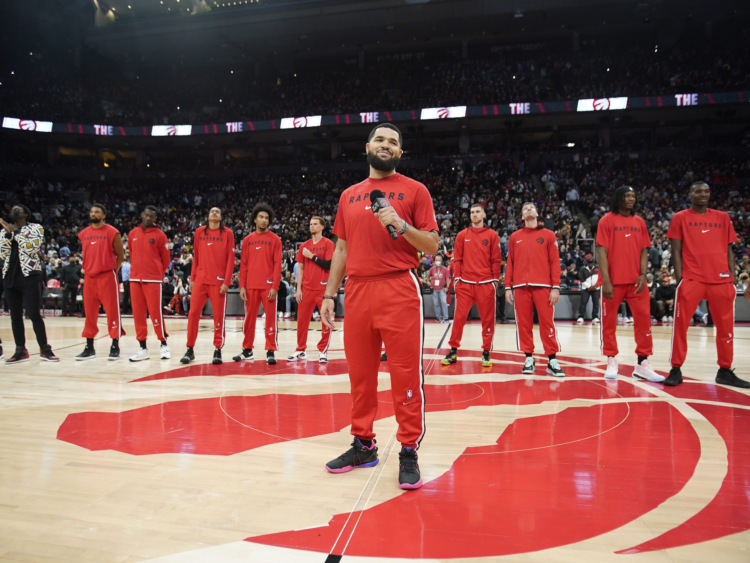 Toronto Raptors guard Fred VanVleet (23) addresses the fans before the home opener against the Washington Wizards at Scotiabank Arena. parlay