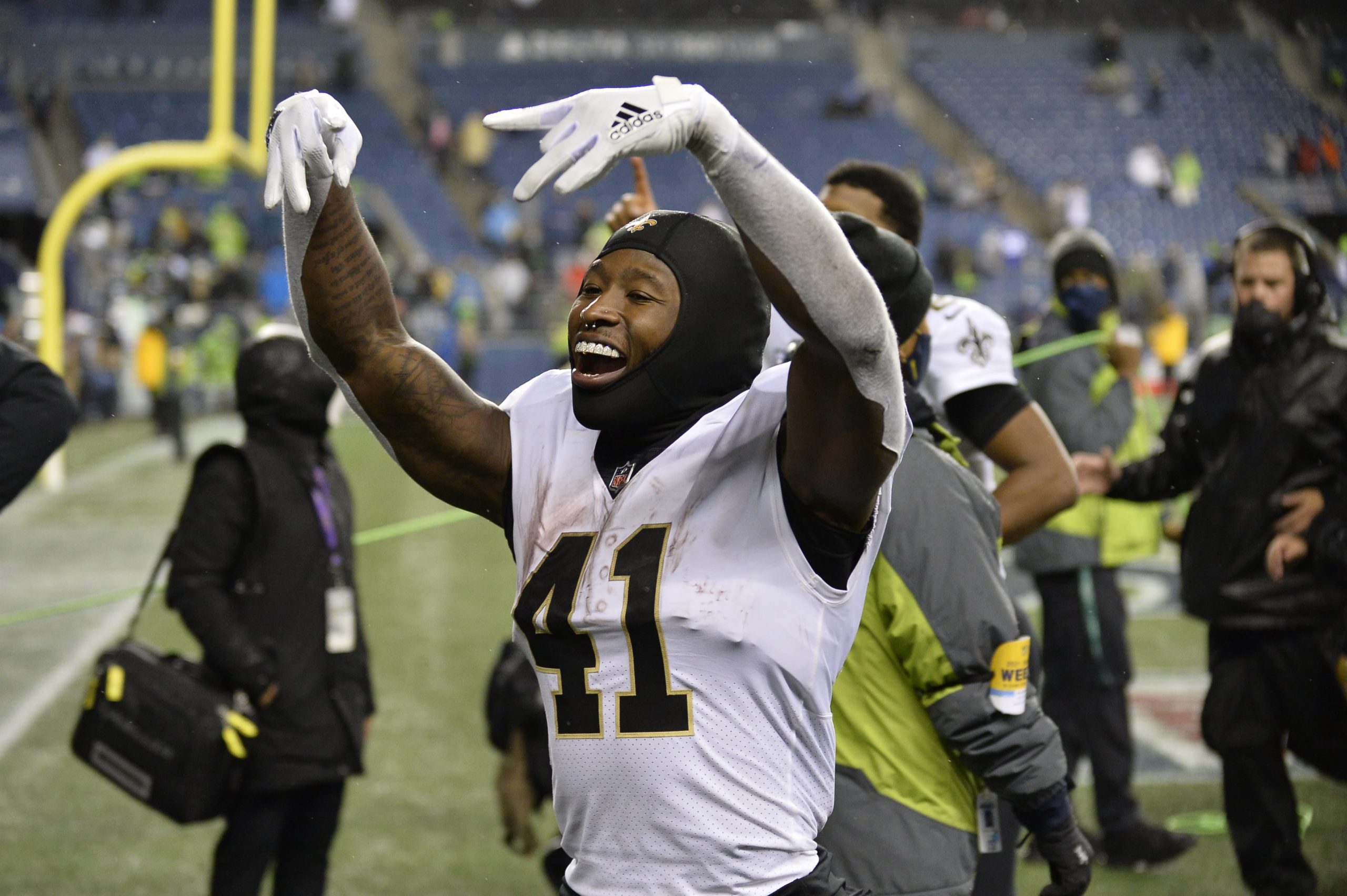 New Orleans Saints running back Alvin Kamara (41) celebrates after the Seattle Seahawks defeated the Seattle Seahawks at Lumen Field.