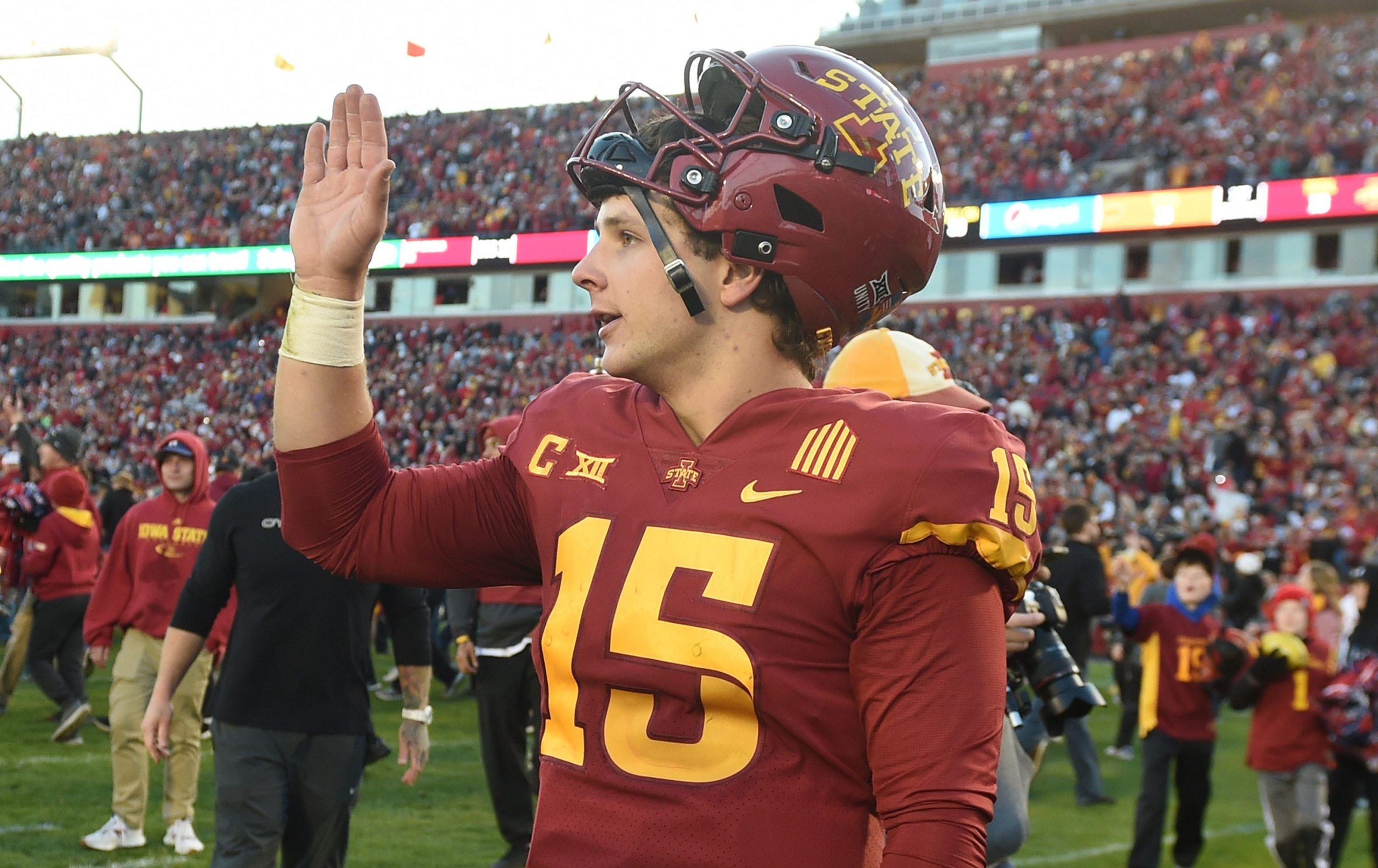 Iowa State Cyclones quarterback Brock Purdy (15) celebrates after Cyclones win 24-21 over Oklahoma State at Jack Trice Stadium Saturday, Oct. 23, 2021, in Ames, Iowa.