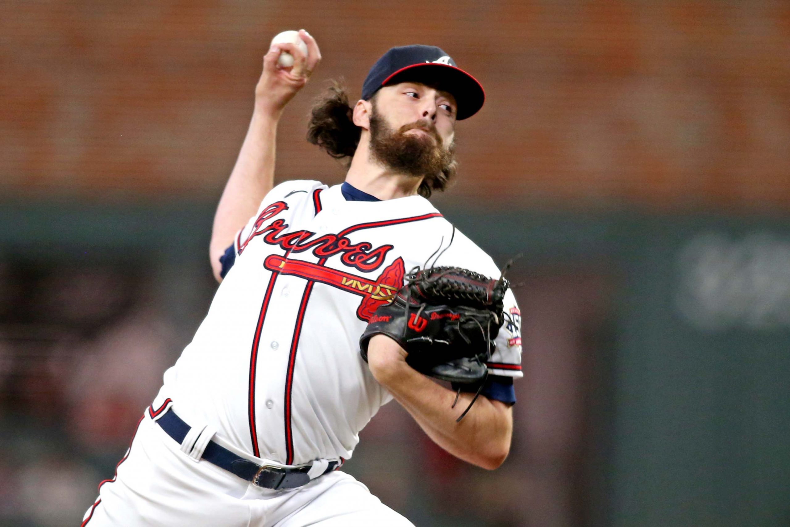 Atlanta Braves starting pitcher Ian Anderson (36) pitches during the first inning in game six of the 2021 NLCS at Truist Park. Mandatory Credit: Brett Davis-USA TODAY Sports