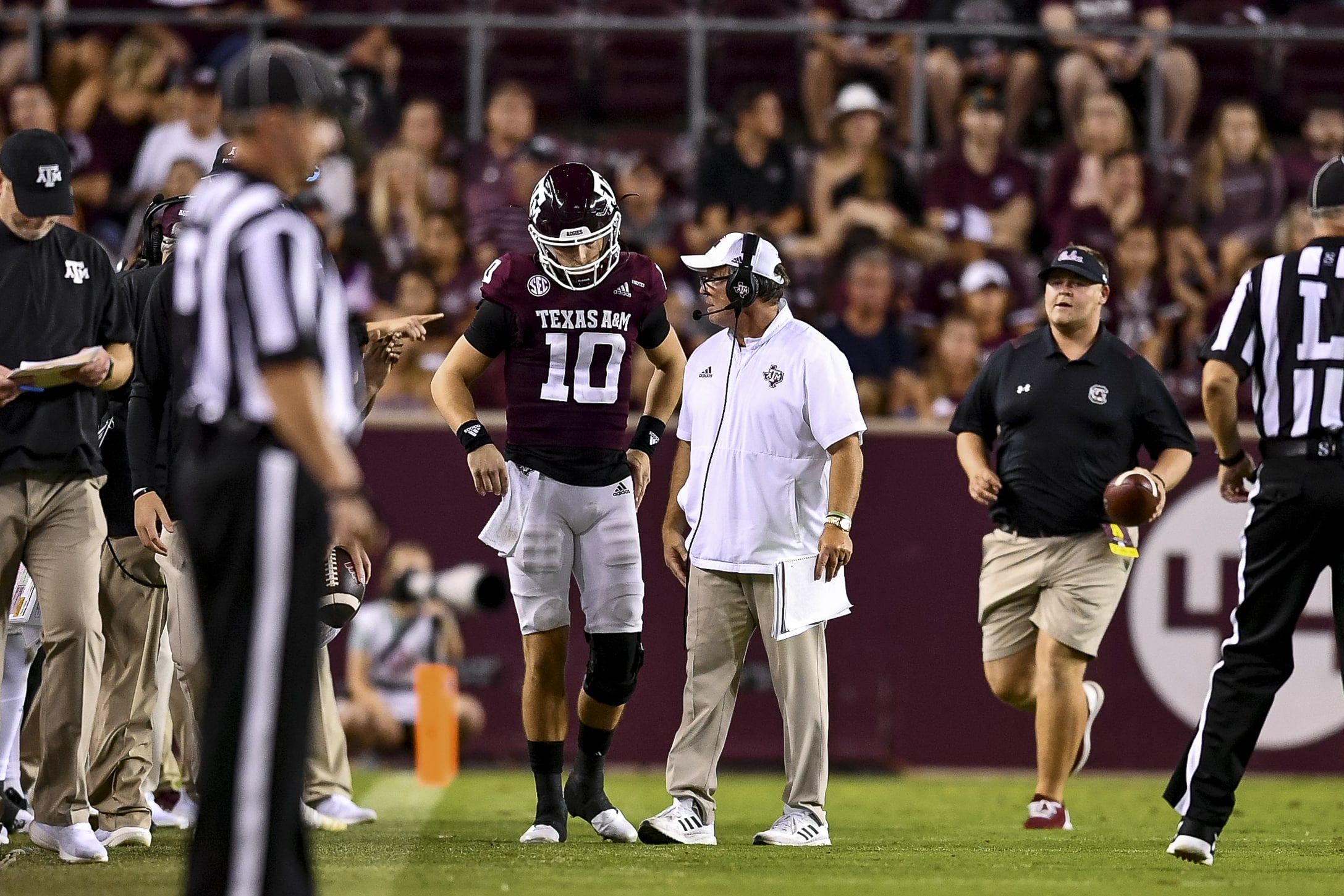 Texas A&M Aggies head coach Jimbo Fisherl and Texas A&M Aggies quarterback Zach Calzada (10) during the fourth quarter against the South Carolina Gamecocks at Kyle Field Auburn