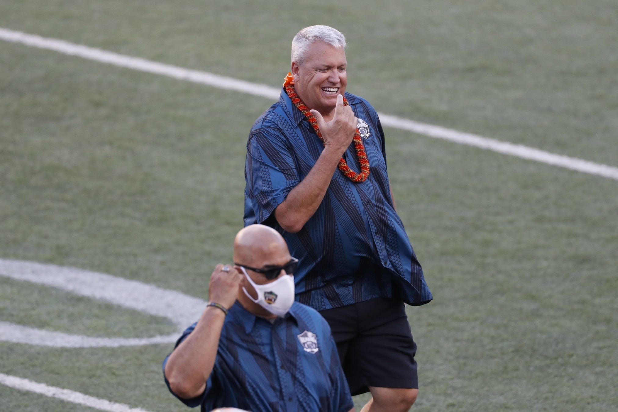 Team Kai head coach Rex Ryan reacts on the field during the first half against Team Aina at the Hula Bowl.