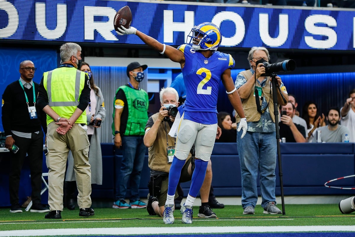 Los Angeles Rams wide receiver Robert Woods (2) celebrates a two-point conversion against Detroit Lions during the second half at the SoFi Stadium in Inglewood, Calif. on Sunday, Oct. 24, 2021