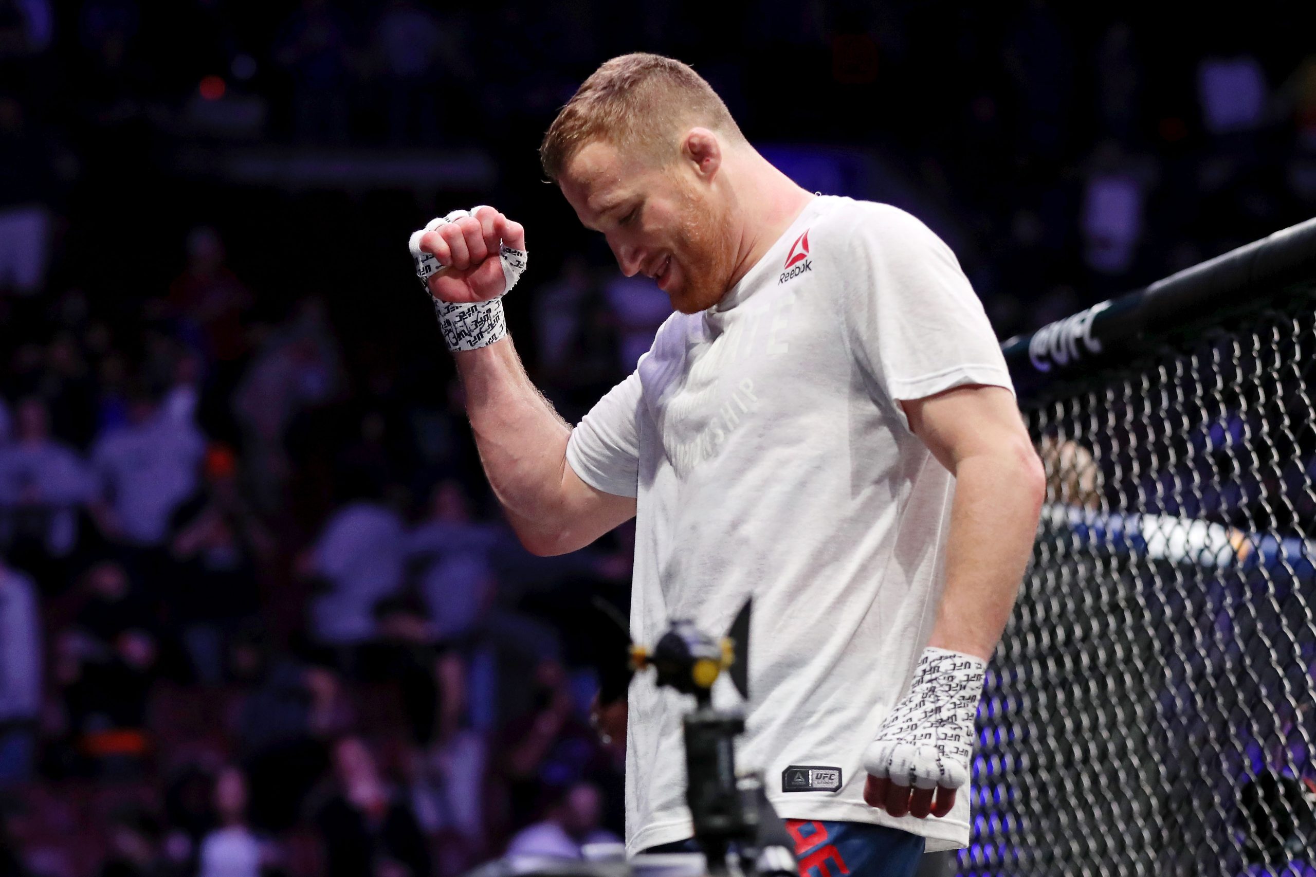 Mar 30, 2019; Philadelphia, PA, USA; Justin Gaethje celebrates his win over Edson Barboza (not pictured) during UFC Fight Night at Wells Fargo Arena. Gaethje won the fight.