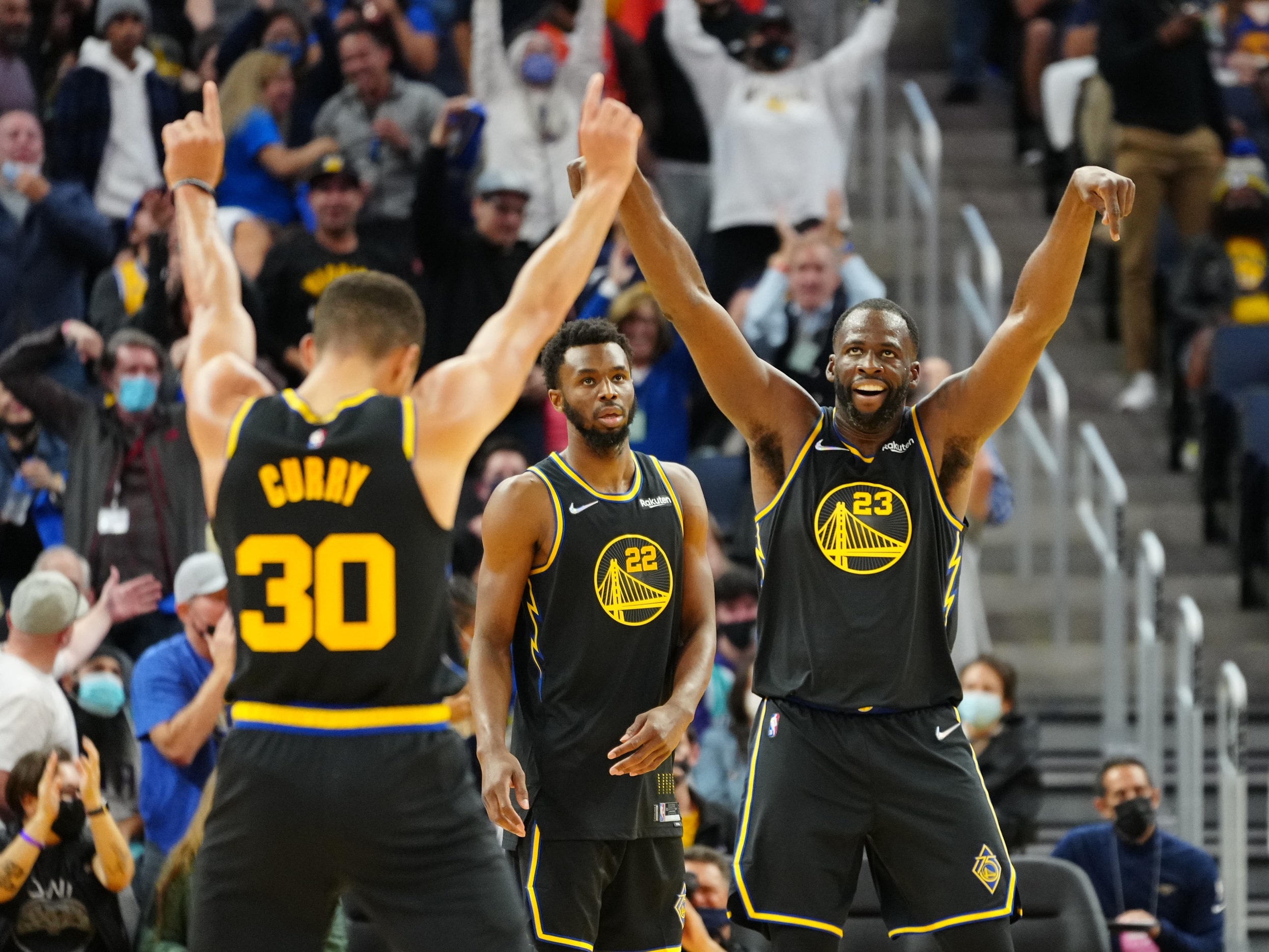 Golden State Warriors Stephen Curry, Draymond Green and Andrew Wiggins