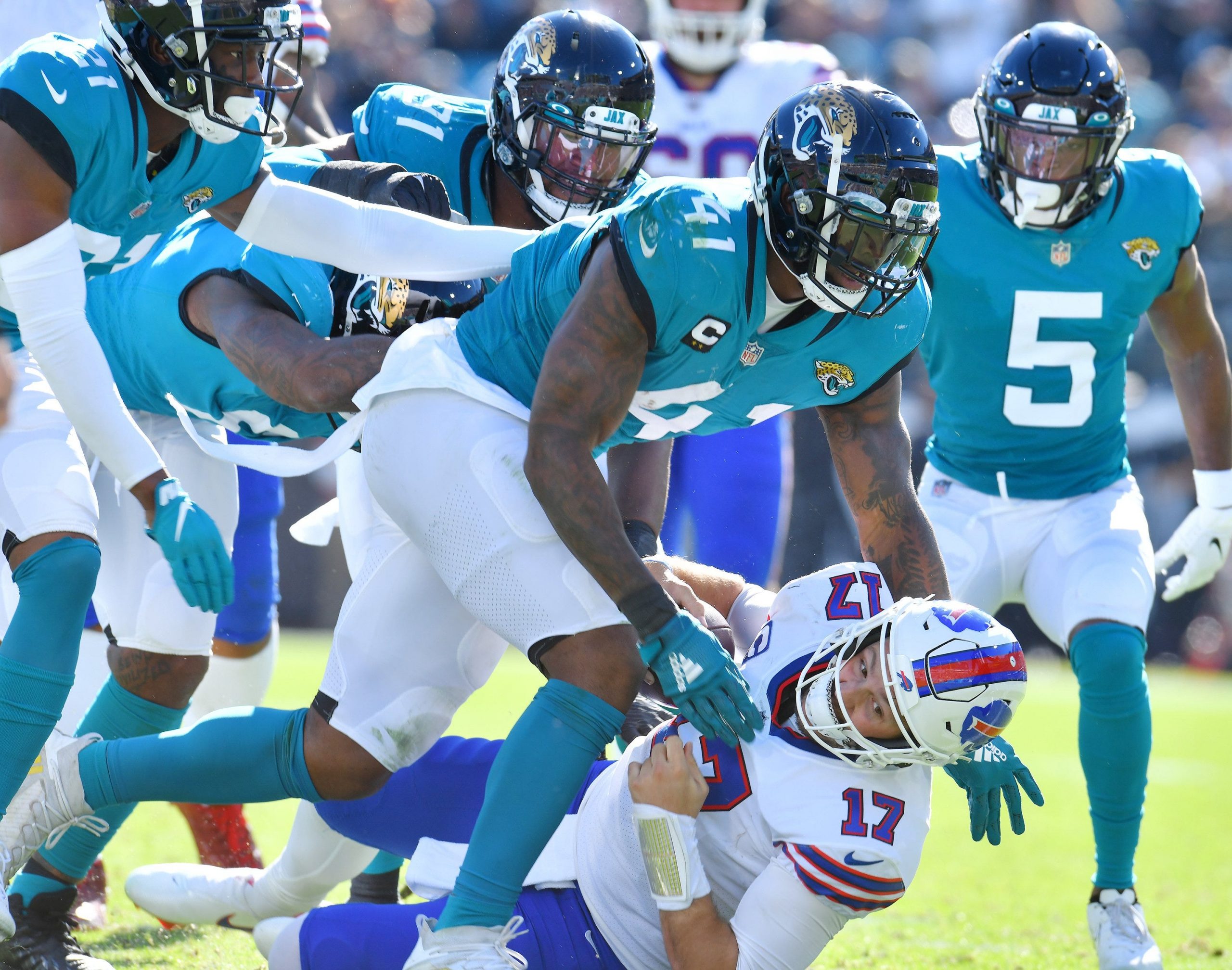 Josh Allen of the Jaguars sacks Josh Allen of the Bills