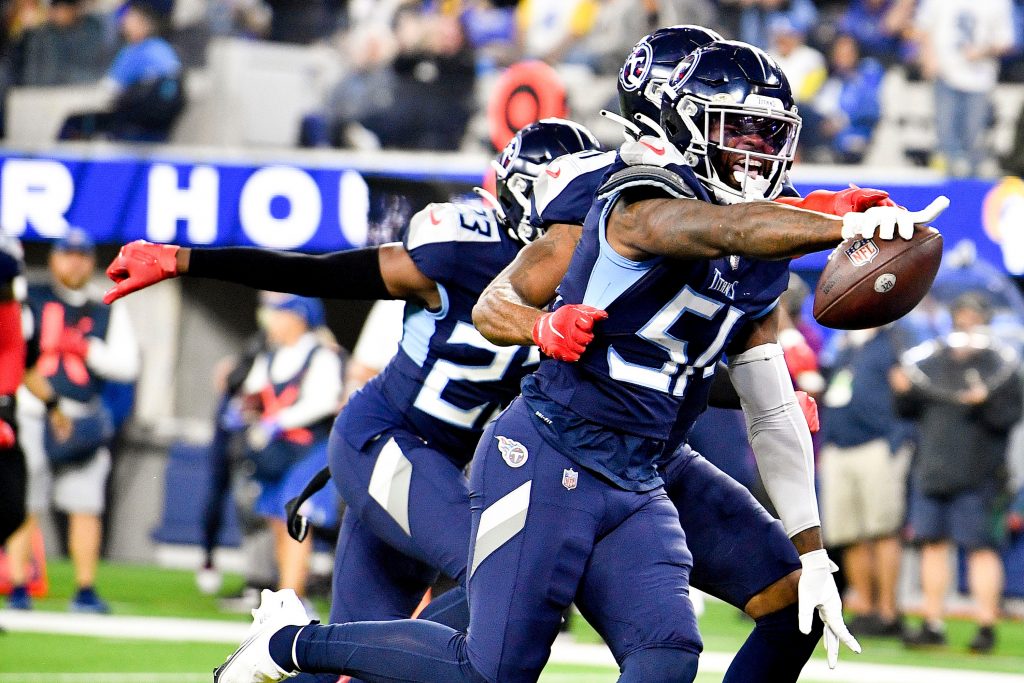 Tennessee Titans linebacker David Long Jr. (51) celebrates his interception during the second quarter at SoFI Stadium Sunday, Nov. 7, 2021 in Inglewood, Calif