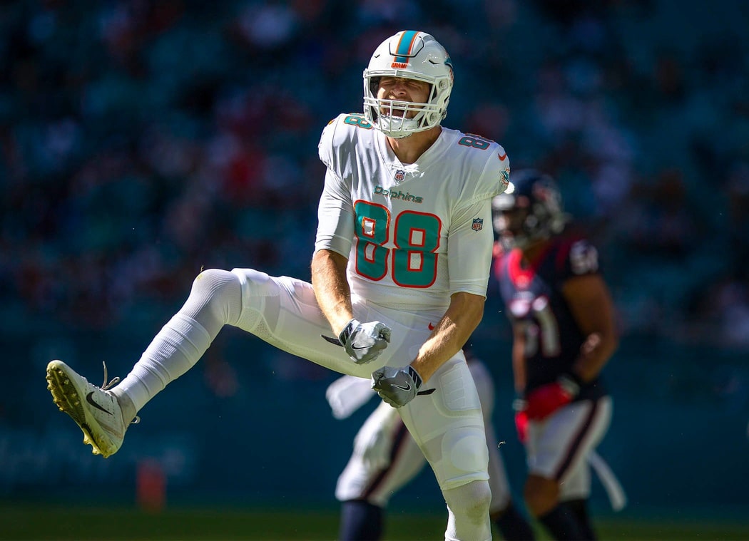 Miami Dolphins Miami Dolphins tight end Mike Gesicki (88) celebrates after making a first down catch during first half action against Houston Texans during NFL game at Hard Rock Stadium Sunday in Miami.