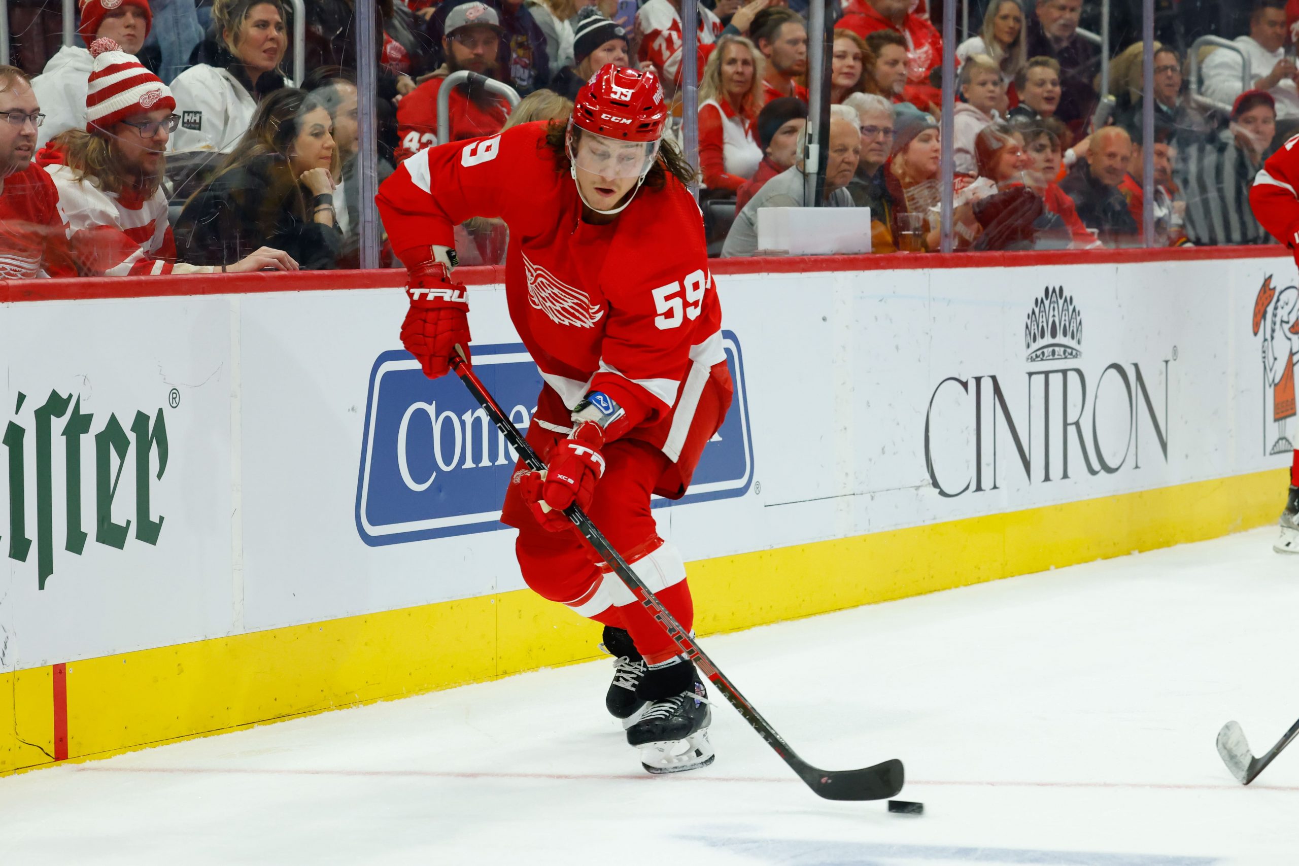 Detroit Red Wings left wing Tyler Bertuzzi (59) skates with the puck in the second period against the Florida Panthers at Little Caesars Arena. Mandatory Credit: Rick Osentoski-USA TODAY Sports