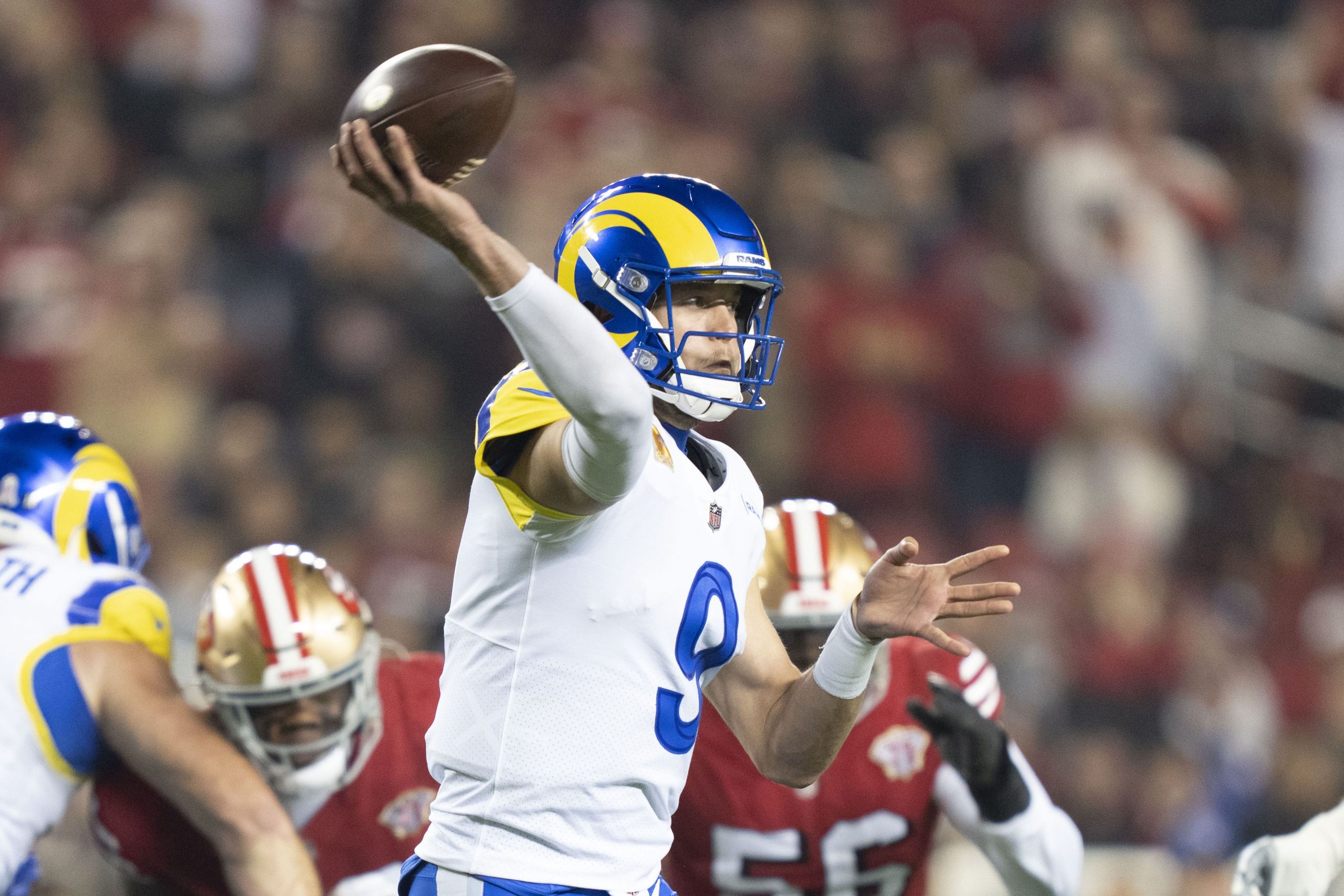 Los Angeles Rams quarterback Matthew Stafford (9) passes the football against the San Francisco 49ers during the first quarter at Levi's Stadium
