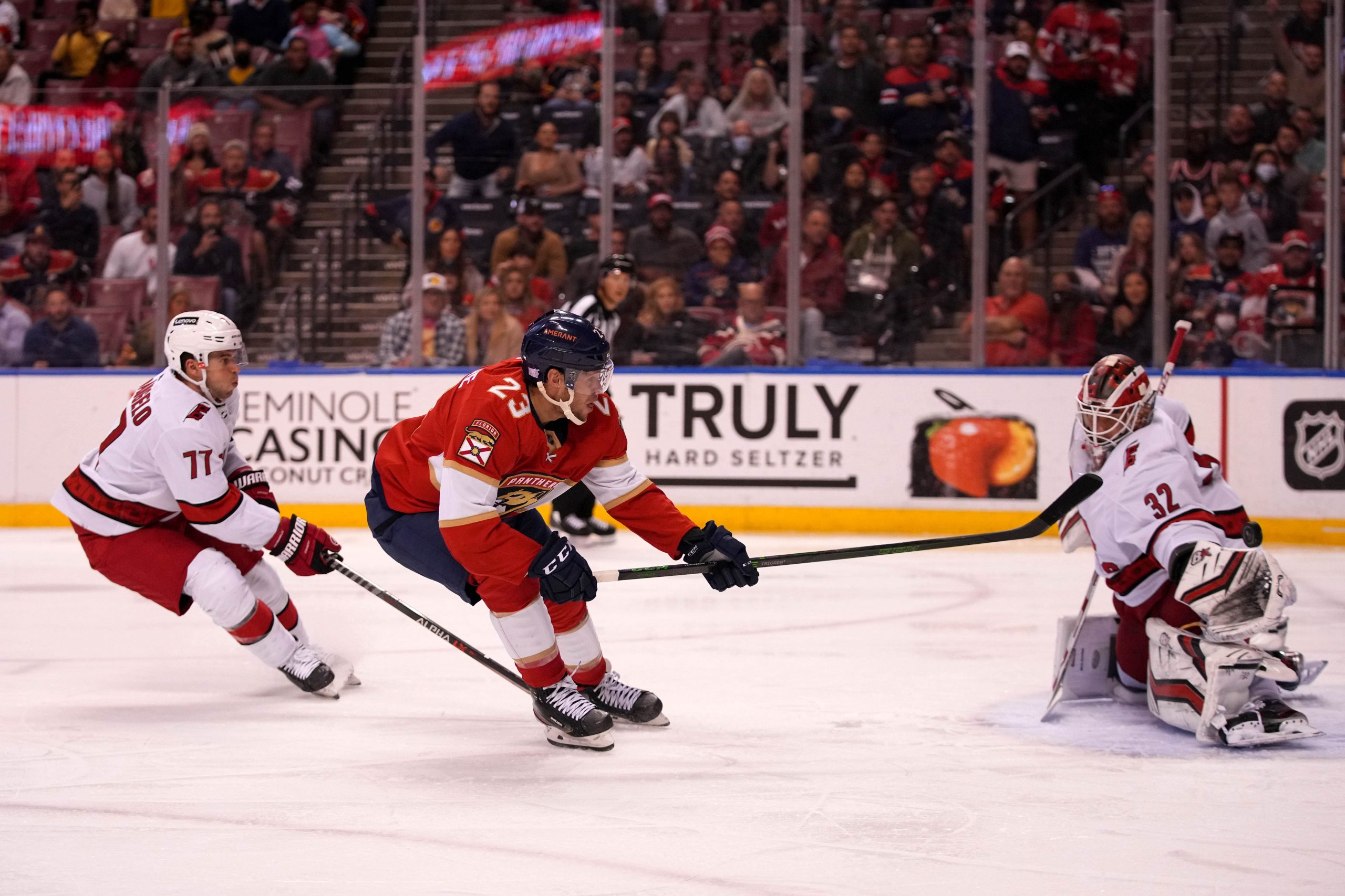 Carolina Hurricanes goaltender Frederik Andersen (31) blocks the shot of Florida Panthers left wing Carter Verhaeghe (23) during the third period at FLA Live Arena. Mandatory Credit: Jasen Vinlove-USA TODAY Sports