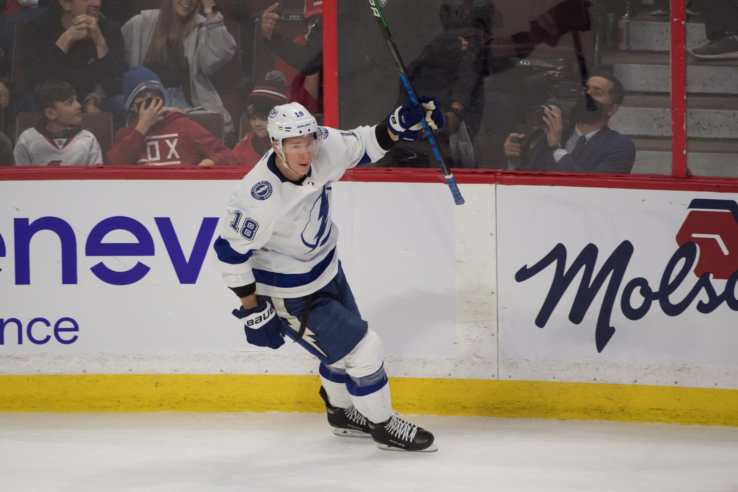 Tampa Bay Lightning left wing Ondrej Palat (18) celebrates his goal scored against the Ottawa Senators in the third period at the Canadian Tire Centre. Mandatory Credit: Marc DesRosiers-USA TODAY Sports