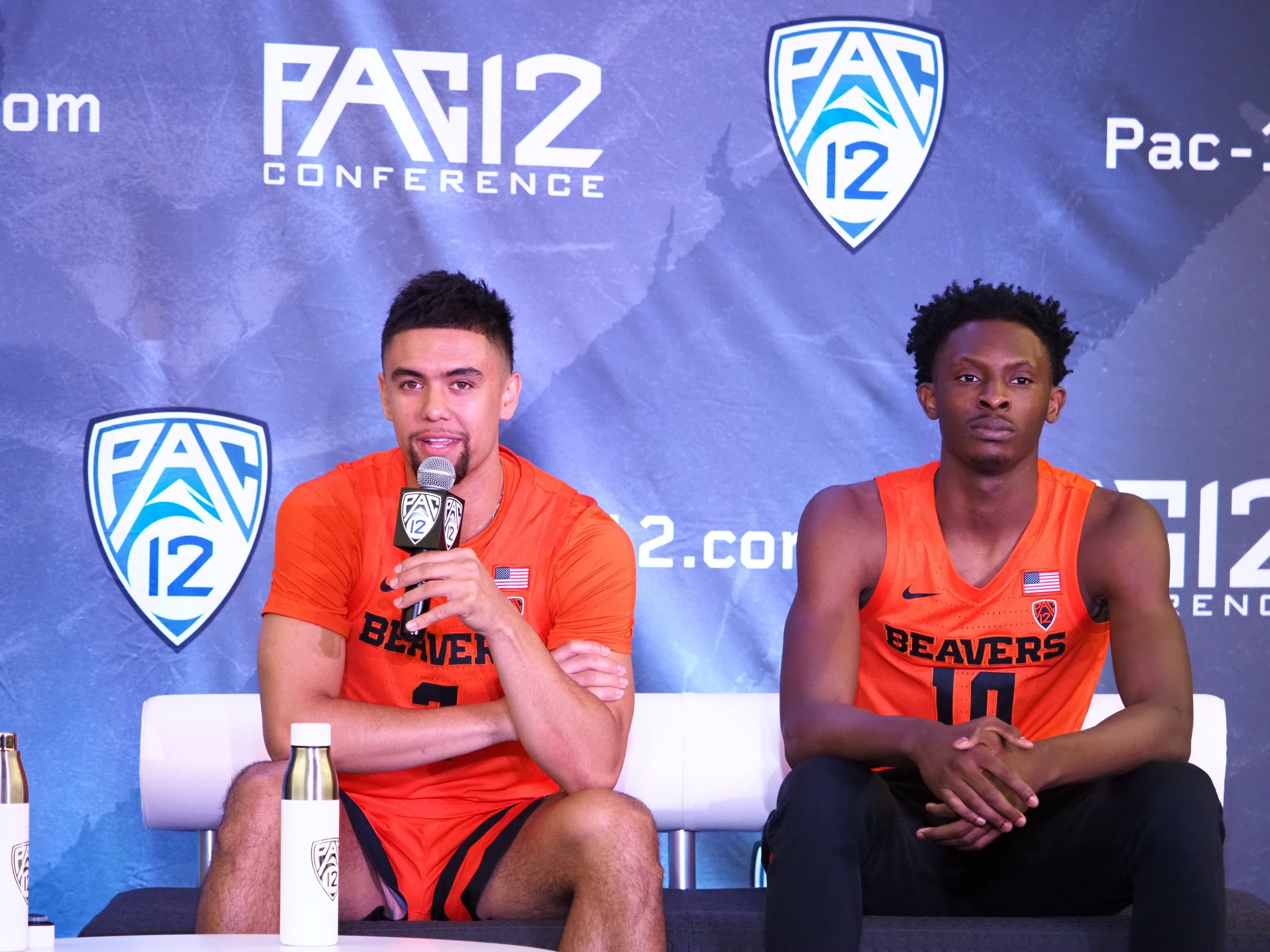 Oregon State Beavers guard Jarod Lucas (2) addresses the media with forward Warith Alatishe (10) during Pac-12 men s basketball media day
