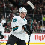 San Jose Sharks right wing Timo Meier (28) celebrates after scoring a goal against the Minnesota Wild in the first period at Xcel Energy Center. Mandatory Credit: David Berding-USA TODAY Sports