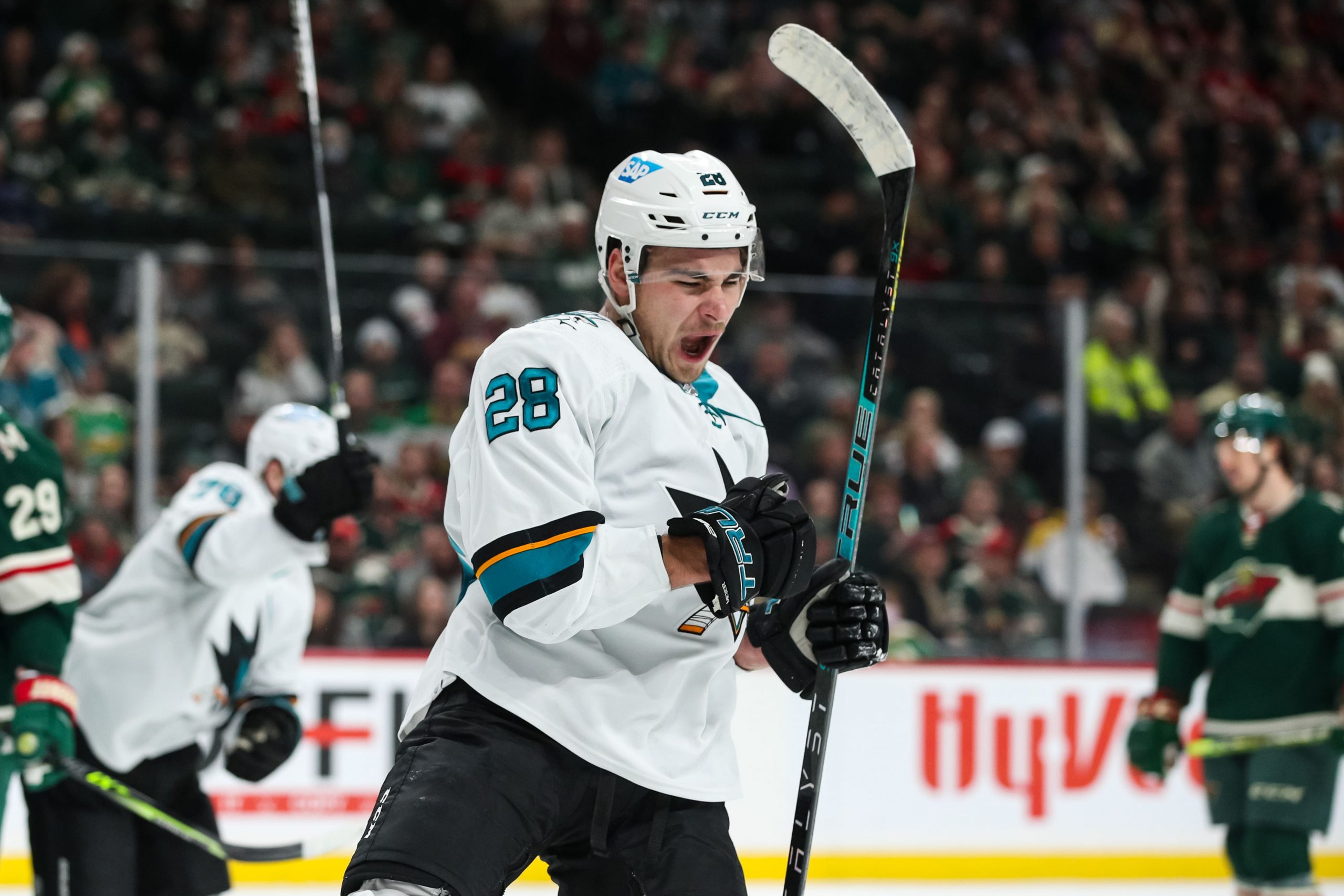 San Jose Sharks right wing Timo Meier (28) celebrates after scoring a goal against the Minnesota Wild in the first period at Xcel Energy Center. Mandatory Credit: David Berding-USA TODAY Sports