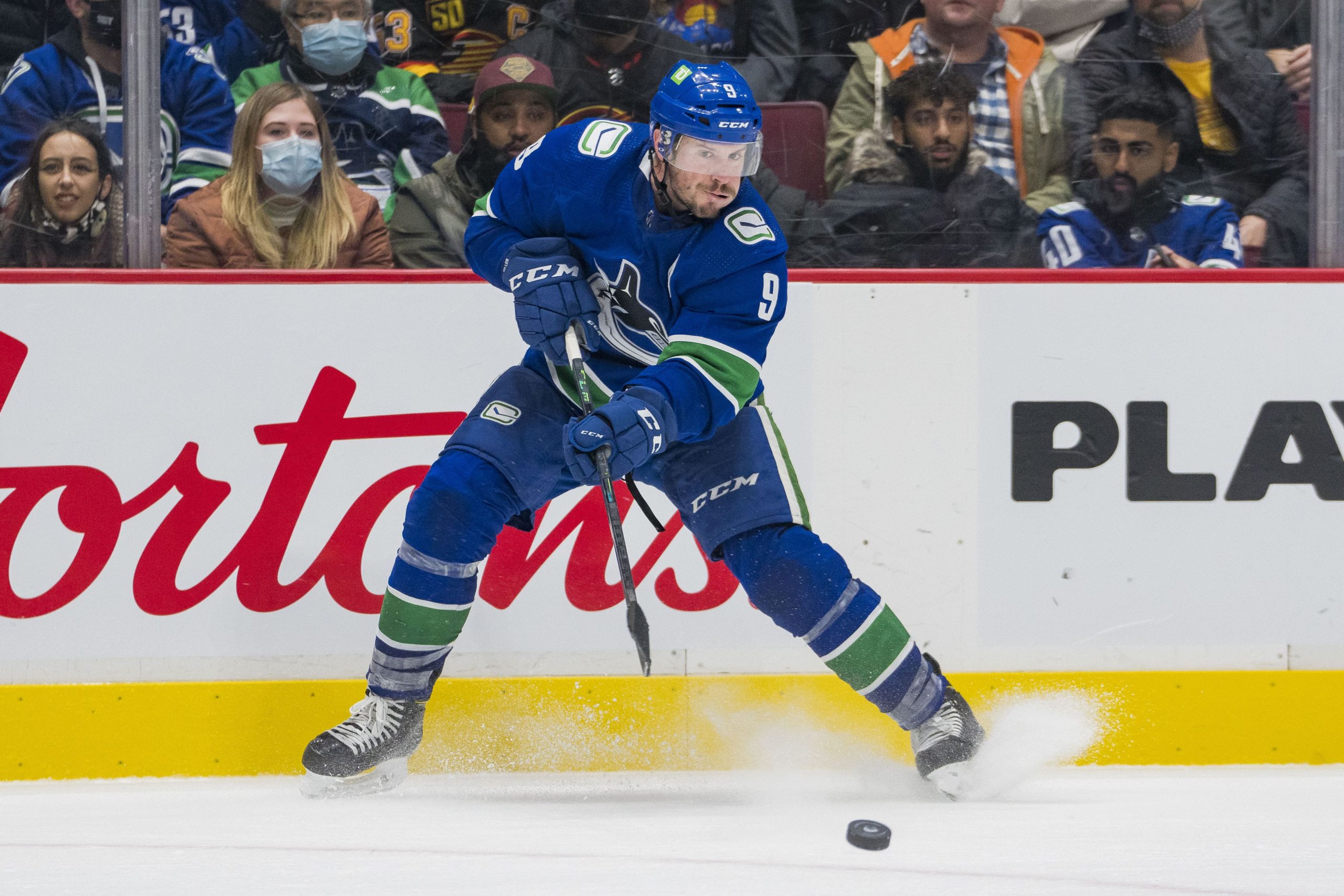Vancouver Canucks forward J.T. Miller (9) passes the puck against the Colorado Avalanche in the third period at Rogers Arena. Colorado won 4-2. Mandatory Credit: Bob Frid-USA TODAY Sports