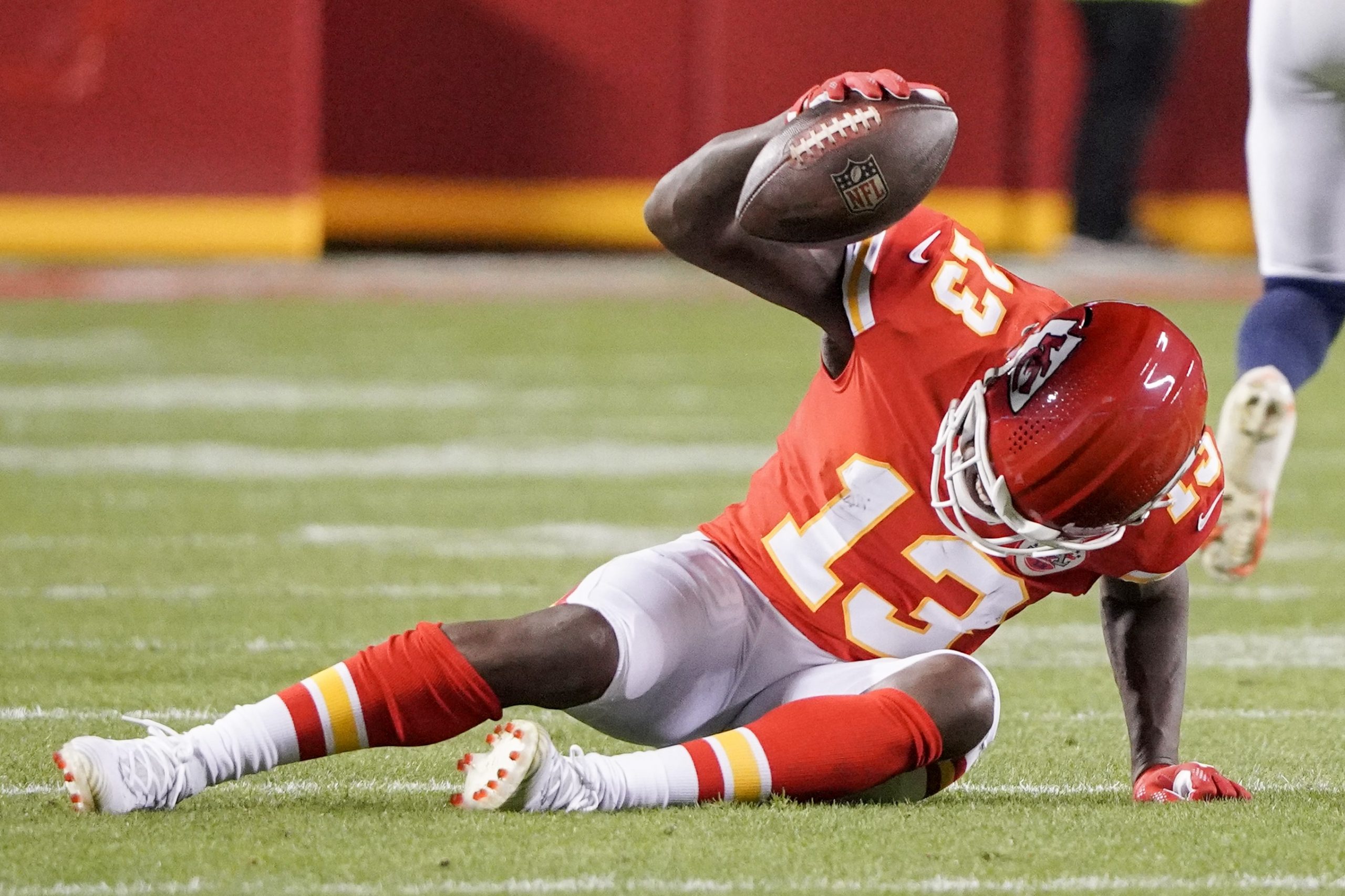 Kansas City Chiefs wide receiver Byron Pringle (13) reacts after dropping a pass against the Denver Broncos during the first half at GEHA Field at Arrowhead Stadium