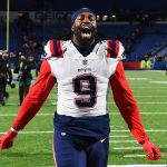New England Patriots outside linebacker Matt Judon (9) celebrates while leaving the field following the game against the Buffalo Bills at Highmark Stadium