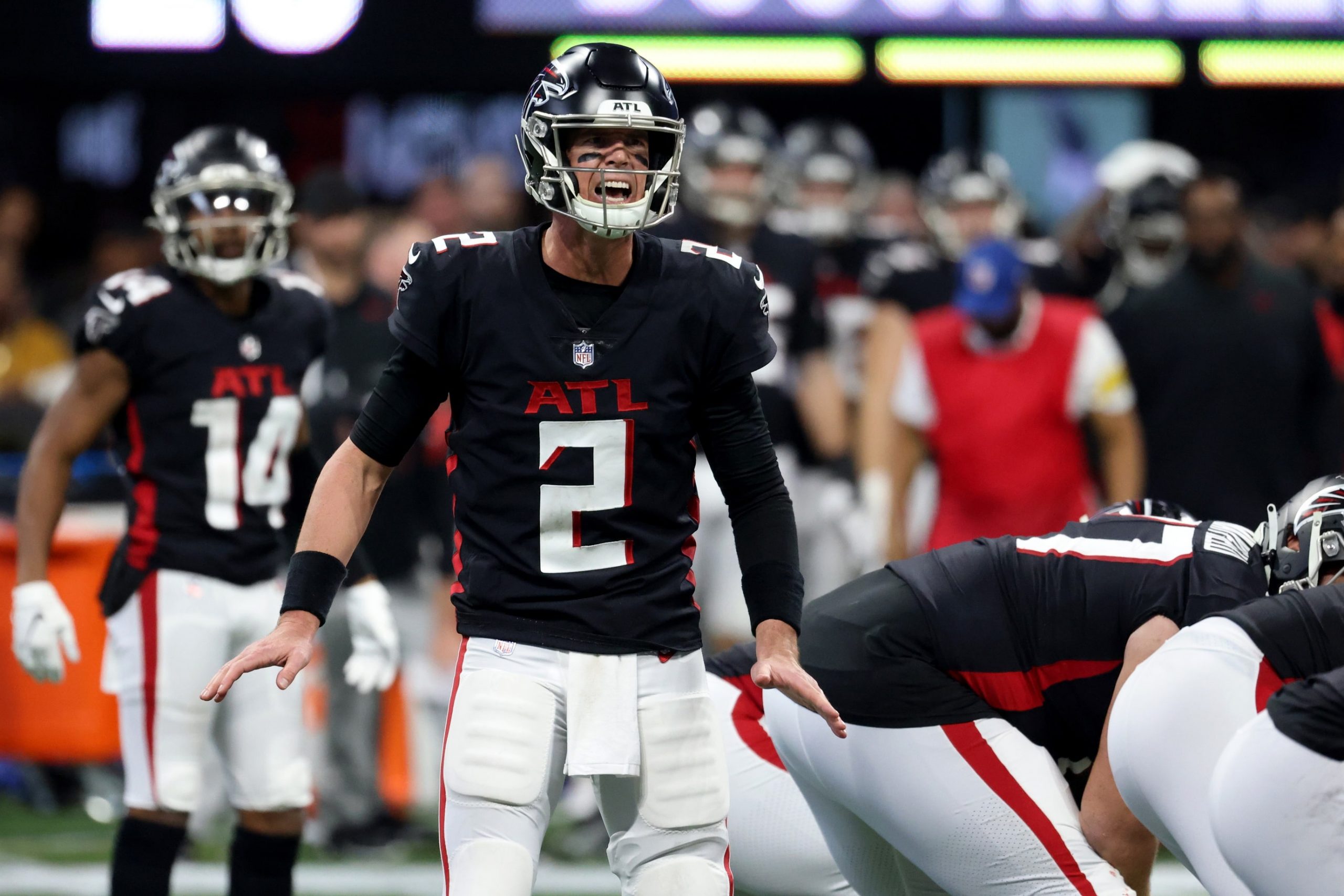 Atlanta Falcons quarterback Matt Ryan (2) makes a call at the line of scrimmage during the second half of their game against the Tampa Bay Buccaneers at Mercedes-Benz Stadium.
