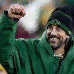 Aaron Rodgers (12) following the Packers victory over the Chicago Bears during their football game on Sunday December 12, 2021, at Lambeau Field in Green Bay, Wis