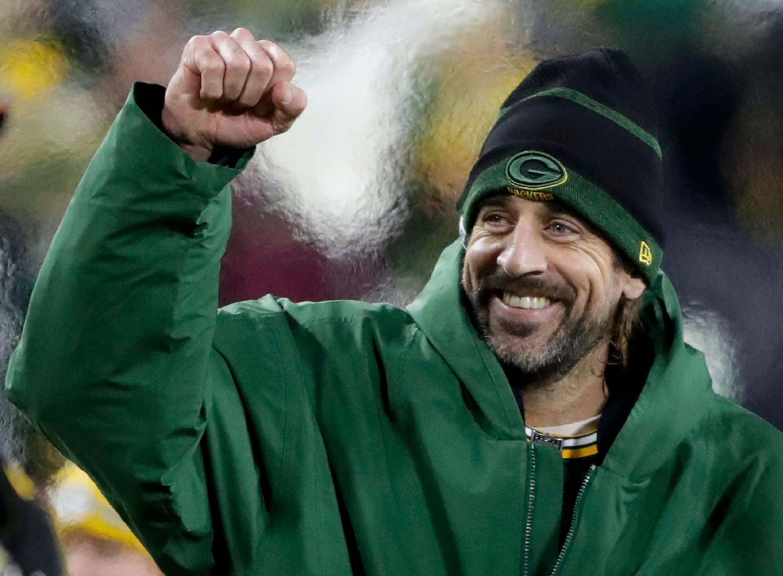Aaron Rodgers (12) following the Packers victory over the Chicago Bears during their football game on Sunday December 12, 2021, at Lambeau Field in Green Bay, Wis
