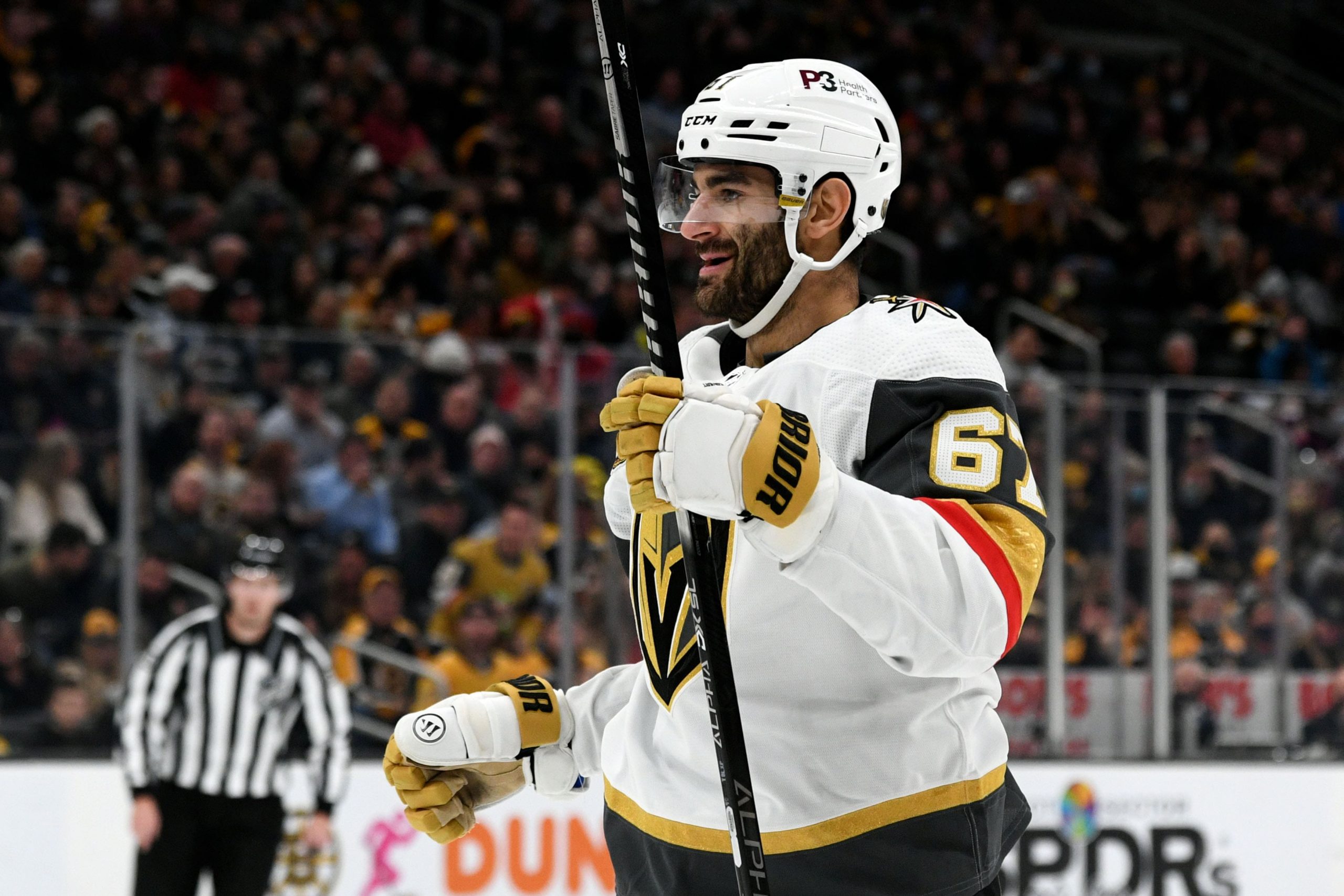 Vegas Golden Knights left wing Max Pacioretty (67) reacts after scoring against the Boston Bruins during the second period at the TD Garden. Mandatory Credit: Brian Fluharty-USA TODAY Sports